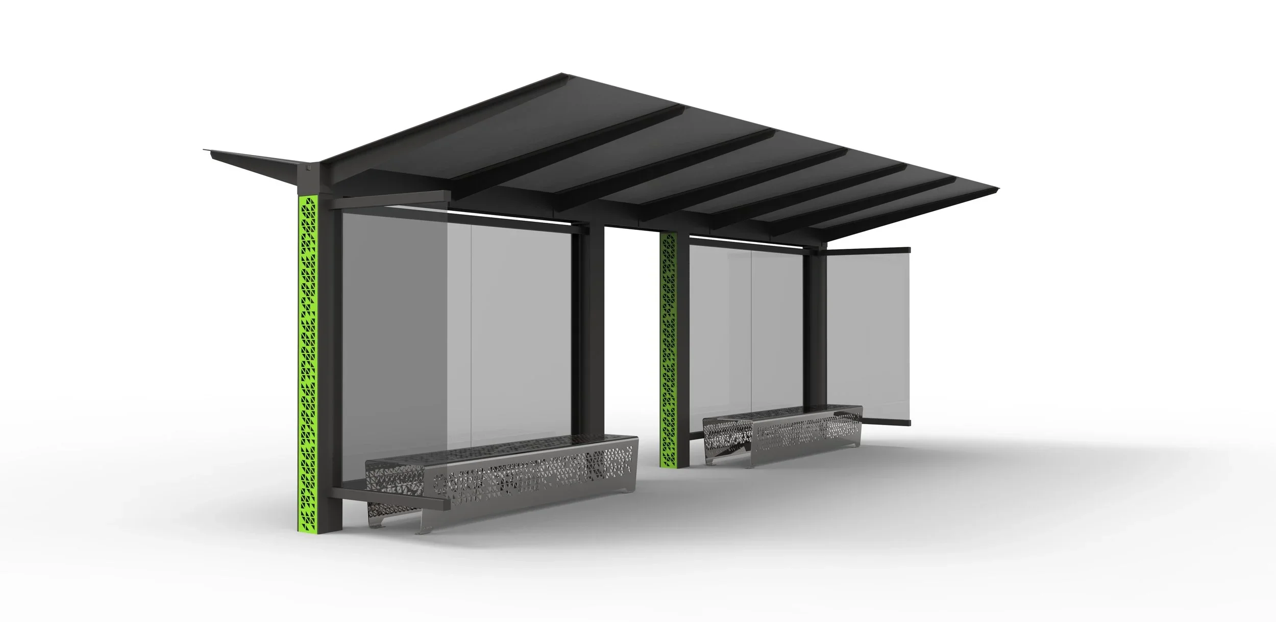 Modern bus stop shelter with a black roof, green accents, metal benches, and clear side panels.
