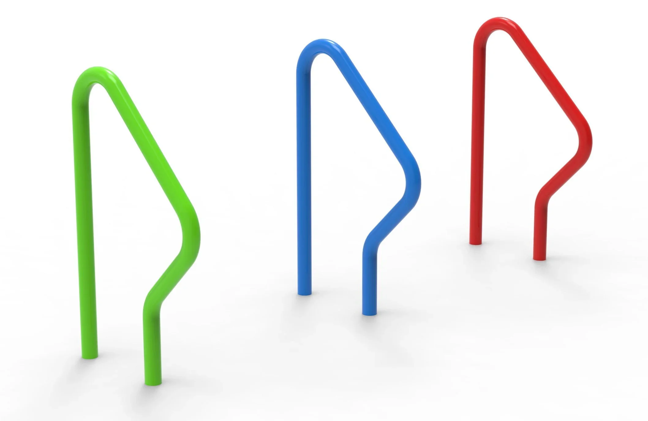 Colorful metal bike racks in green, blue, and red on a white background.