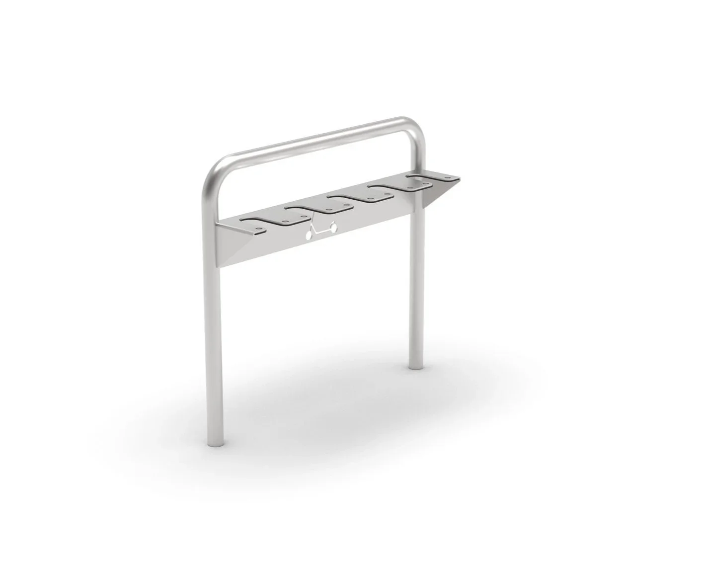 Stainless steel bike rack with hooks for securing bikes, set against a white background.