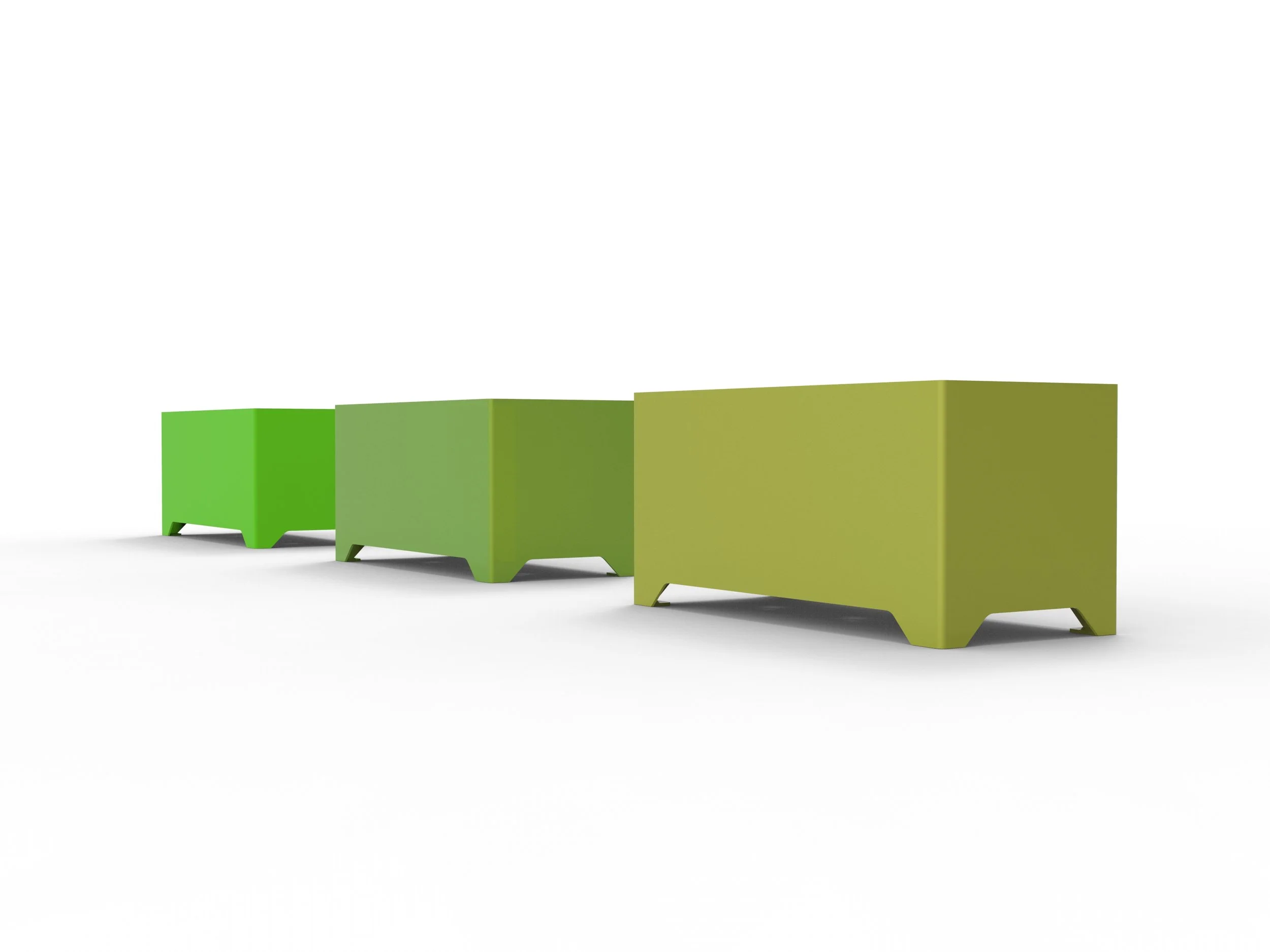 A lineup of four colorful rectangular planters, from green to yellow, with short legs, on a white background.