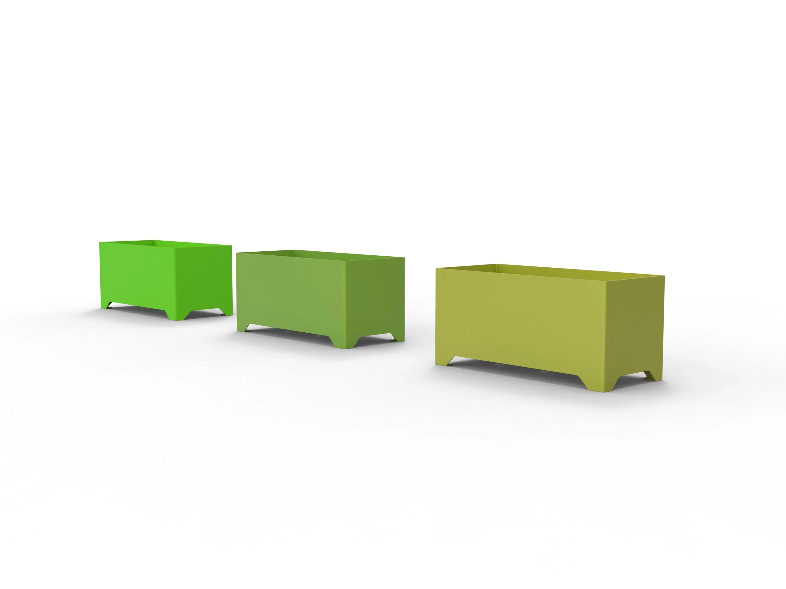Three modern square planters in shades of green, placed side by side on a white background.