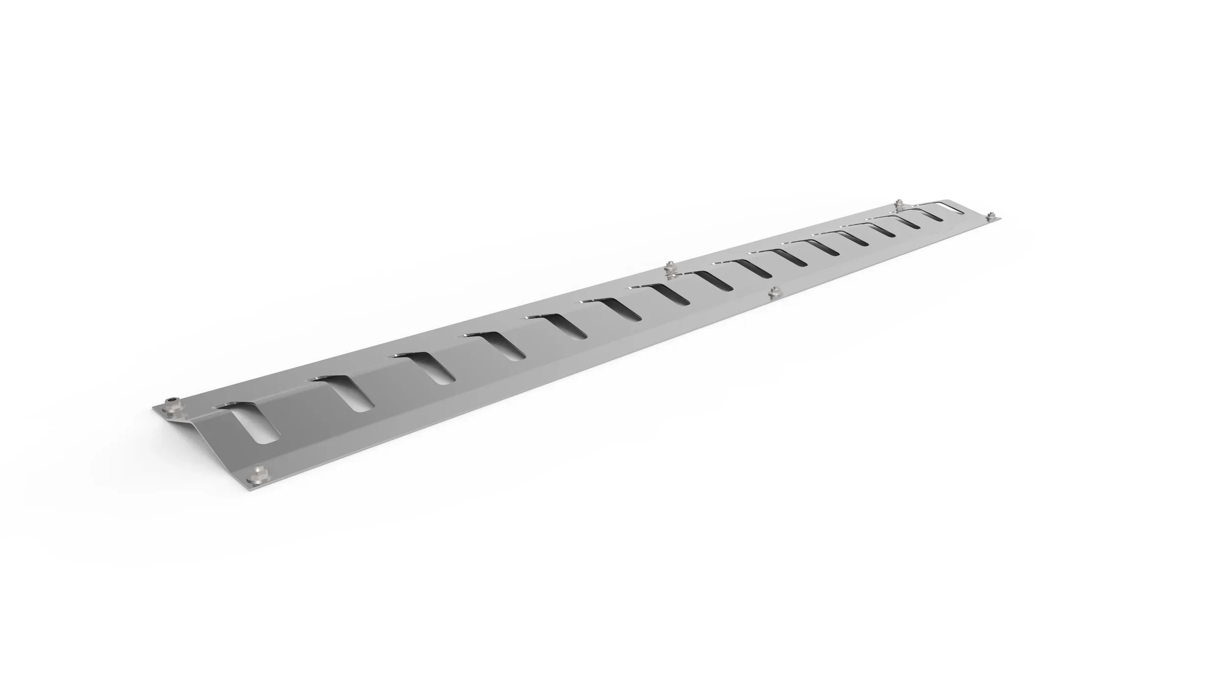 A metal floor drain grate with evenly spaced rectangular slots, mounted on a white background.