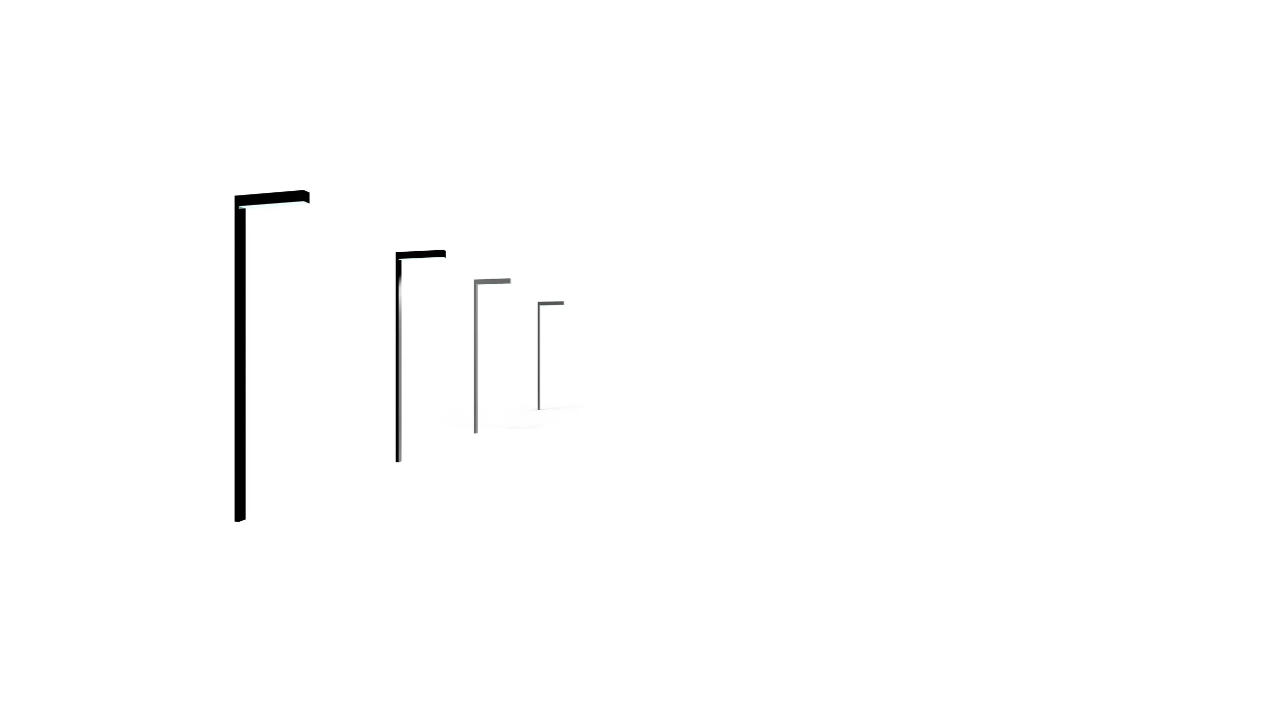 A series of streetlights with varying heights, diminishing in size from left to right, against a plain white background.