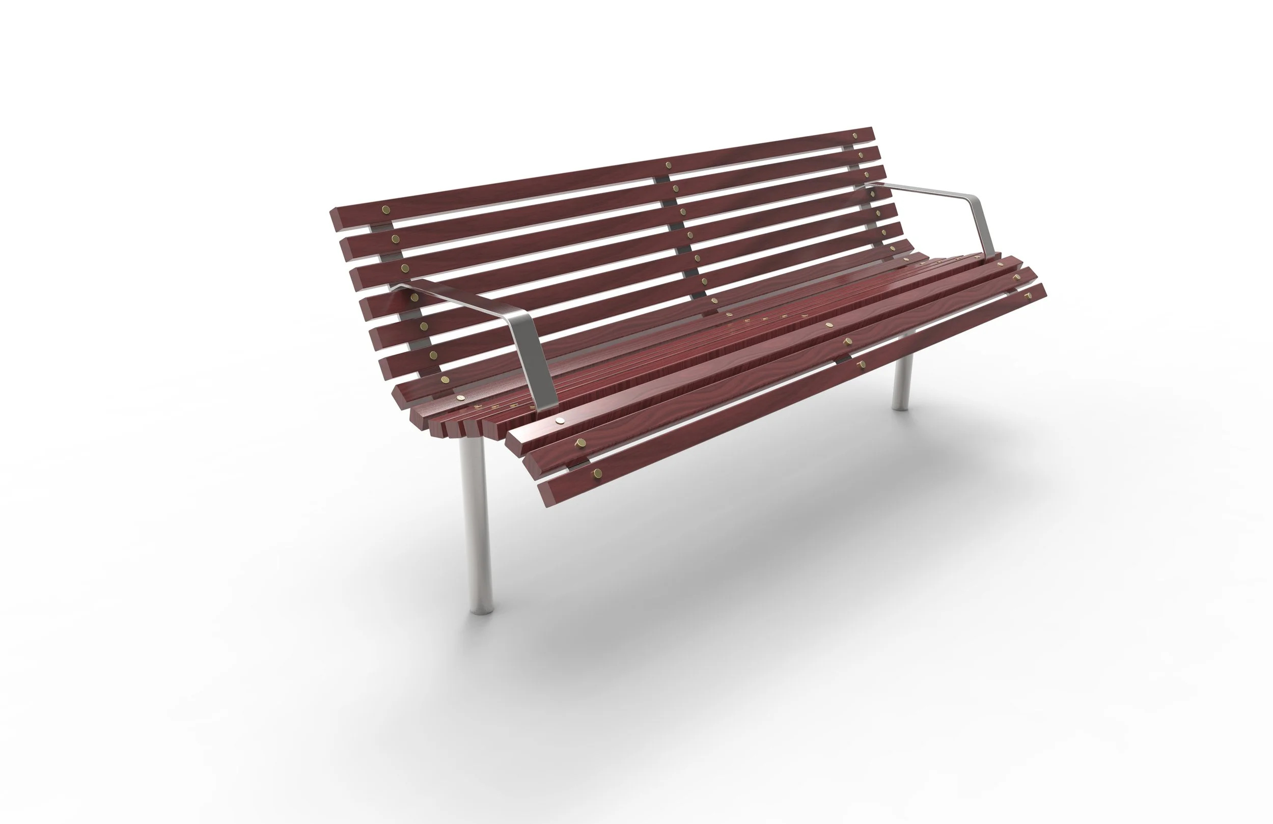 A park bench with red wooden slats and metal armrests and supports, set against a plain white background.