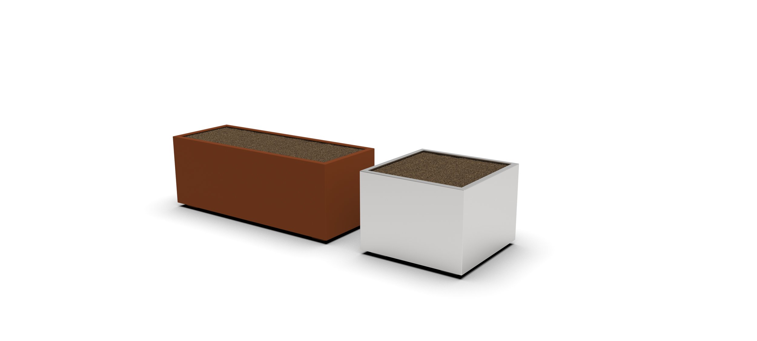 Two rectangular planters, one brown and one white, with soil inside, placed on a white background.