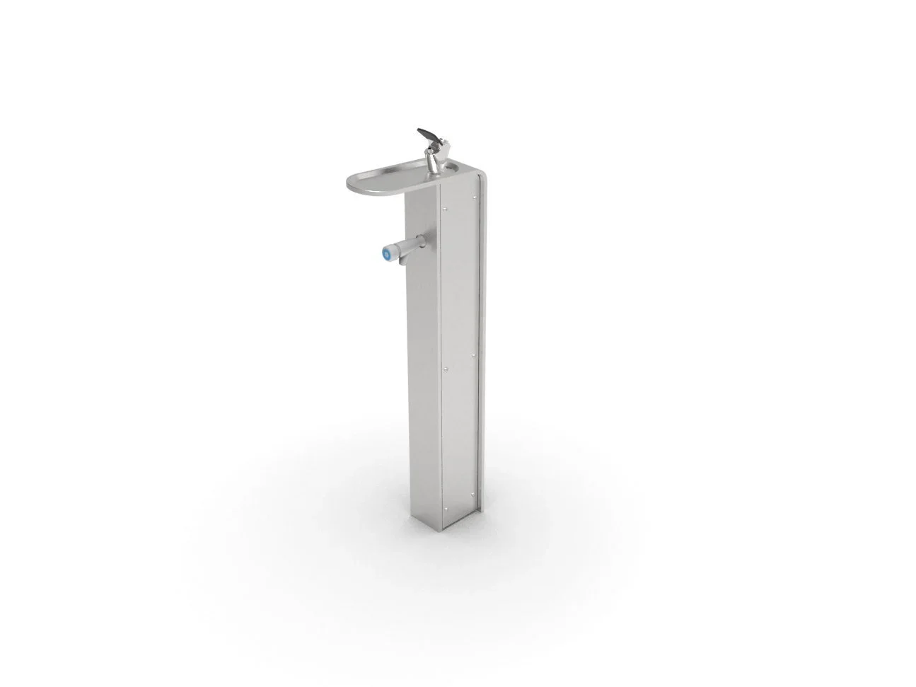 A metal outdoor drinking fountain with a small sink, a faucet, and a built-in bottle filling station.