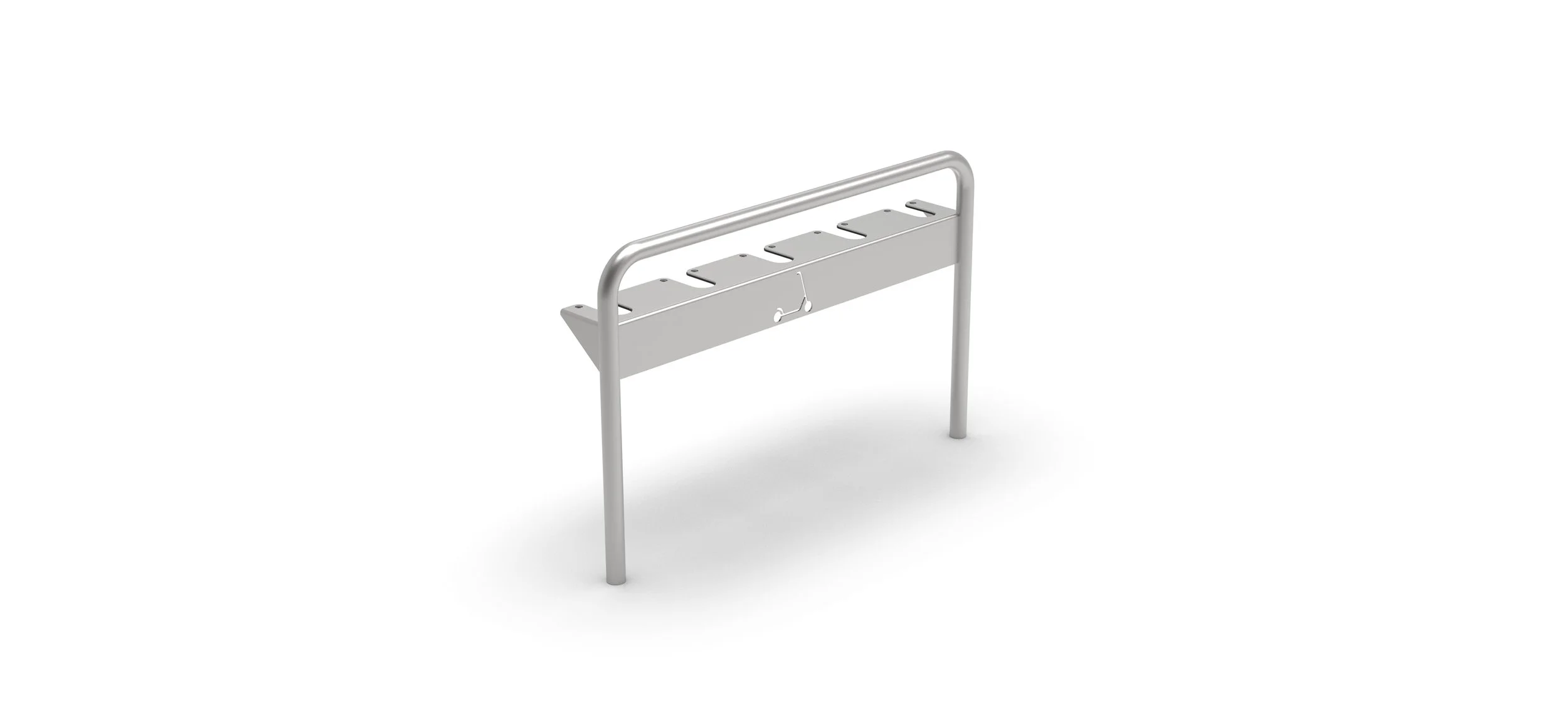 Metal bike rack with five slots and a horizontal bar, set against a plain white background.