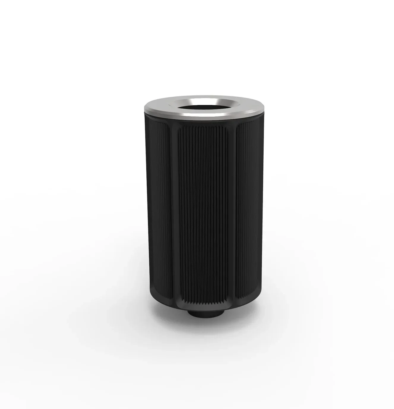 A modern black cylindrical trash can with vertical ridges and a silver lid, standing on a white background.