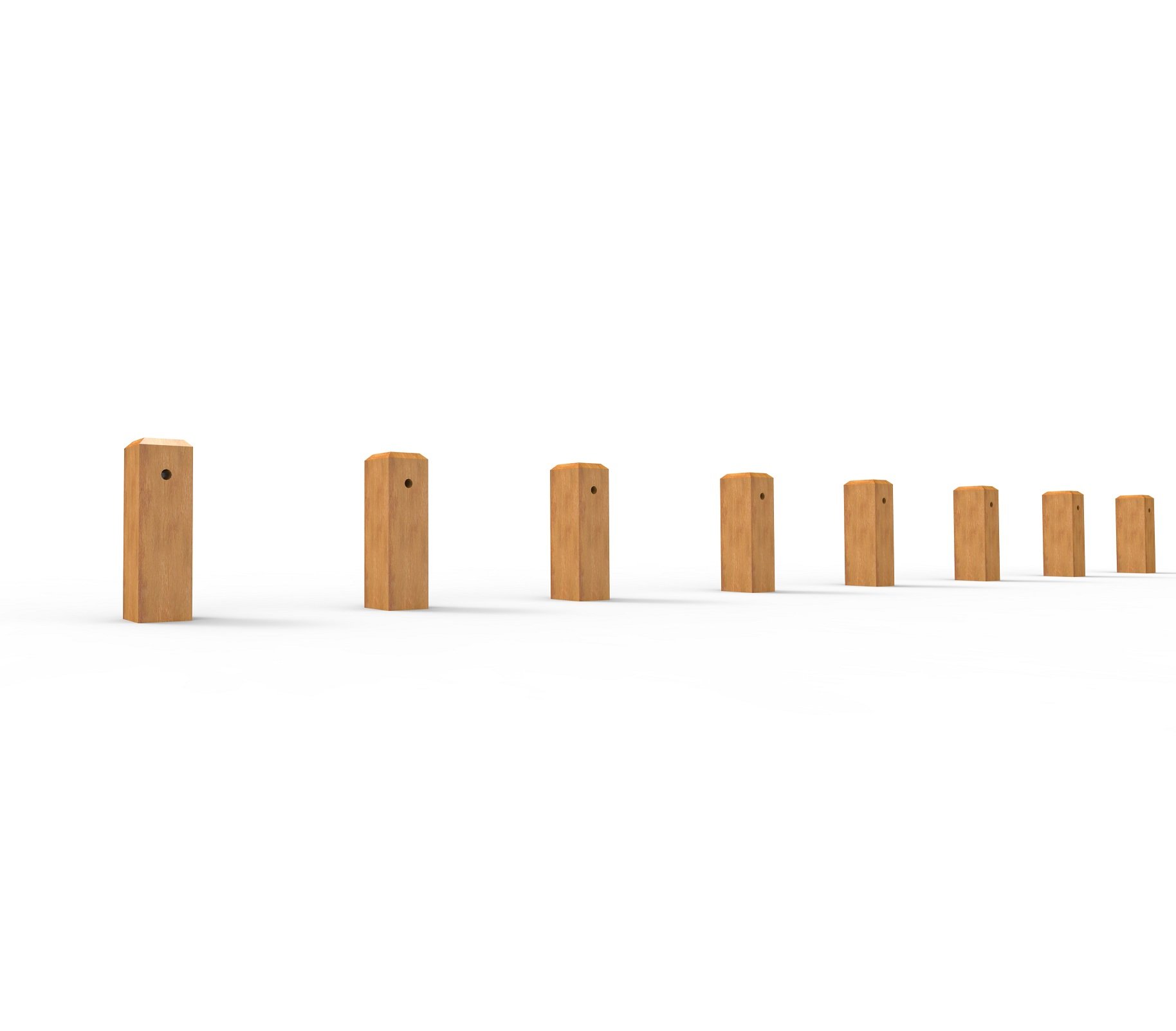 A row of ten wooden dominoes standing upright on a white surface, with the largest domino on the left and the smallest on the right.