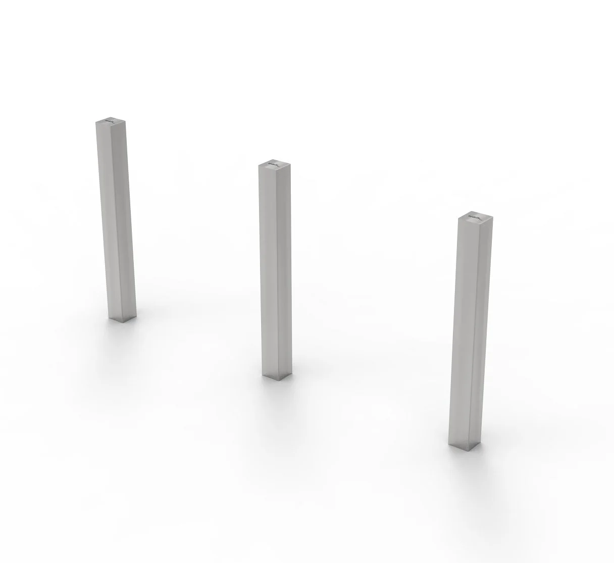 Three vertical stainless steel bollards evenly spaced on a white surface with a white background.