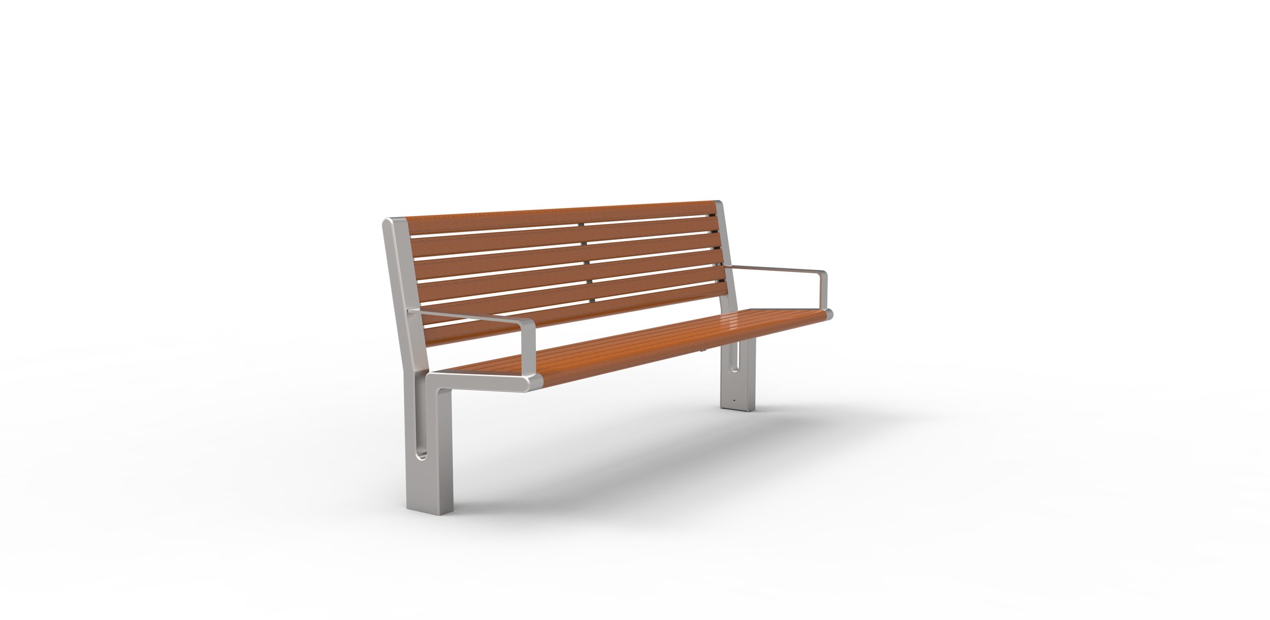 A modern park bench with wooden slats and metal frame against a plain white background.