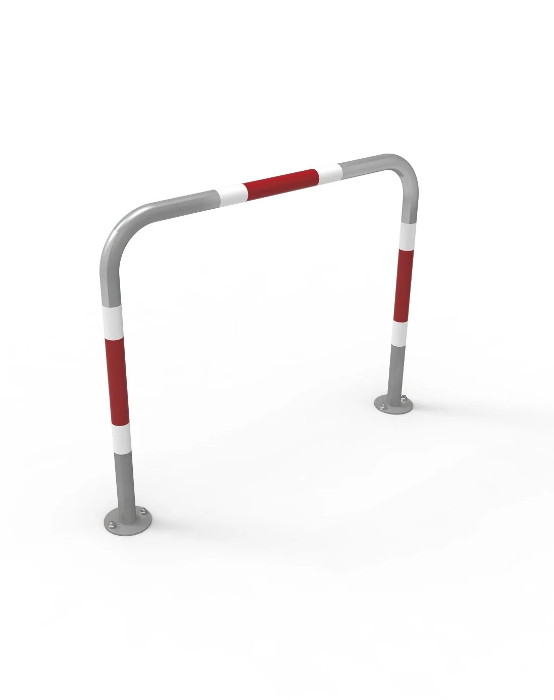 A metal barrier with red and white reflective stripes, installed on a white background.