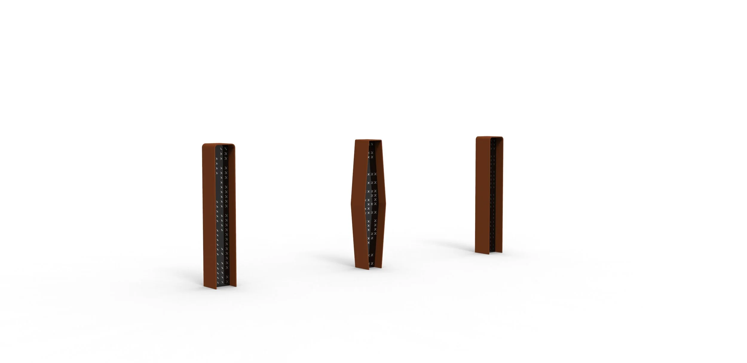 Three brown, triangular-shaped objects with black centers and small white X markings, standing upright on a white background.