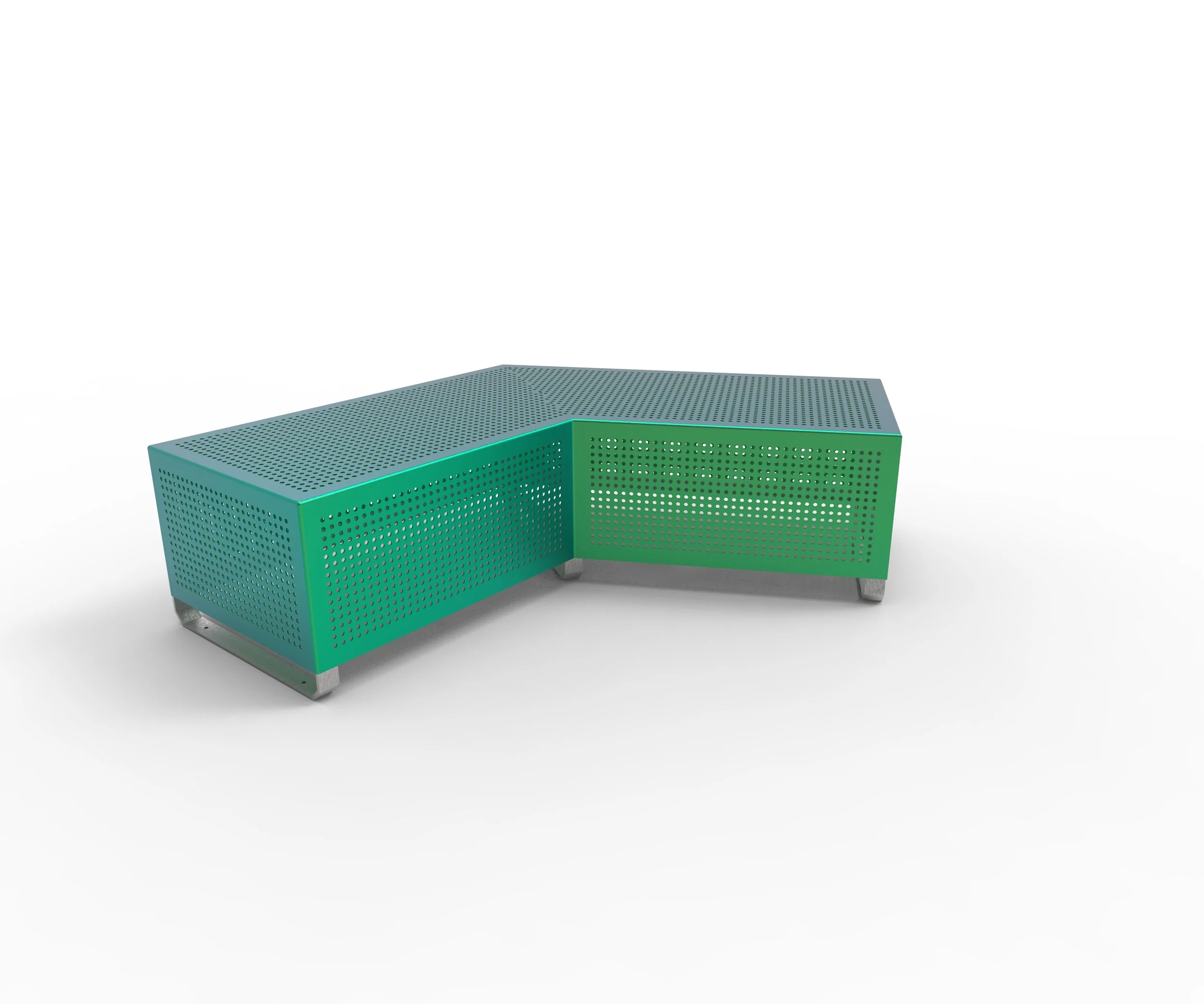 A modern, green perforated metal bench with a geometric design and metallic legs, set against a plain white background.