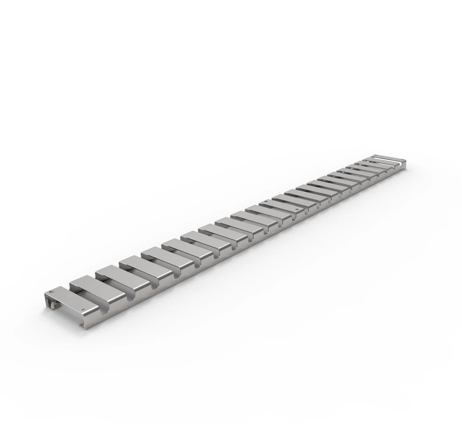 A silver metal cable management raceway with multiple slots, lying diagonally on a white surface.