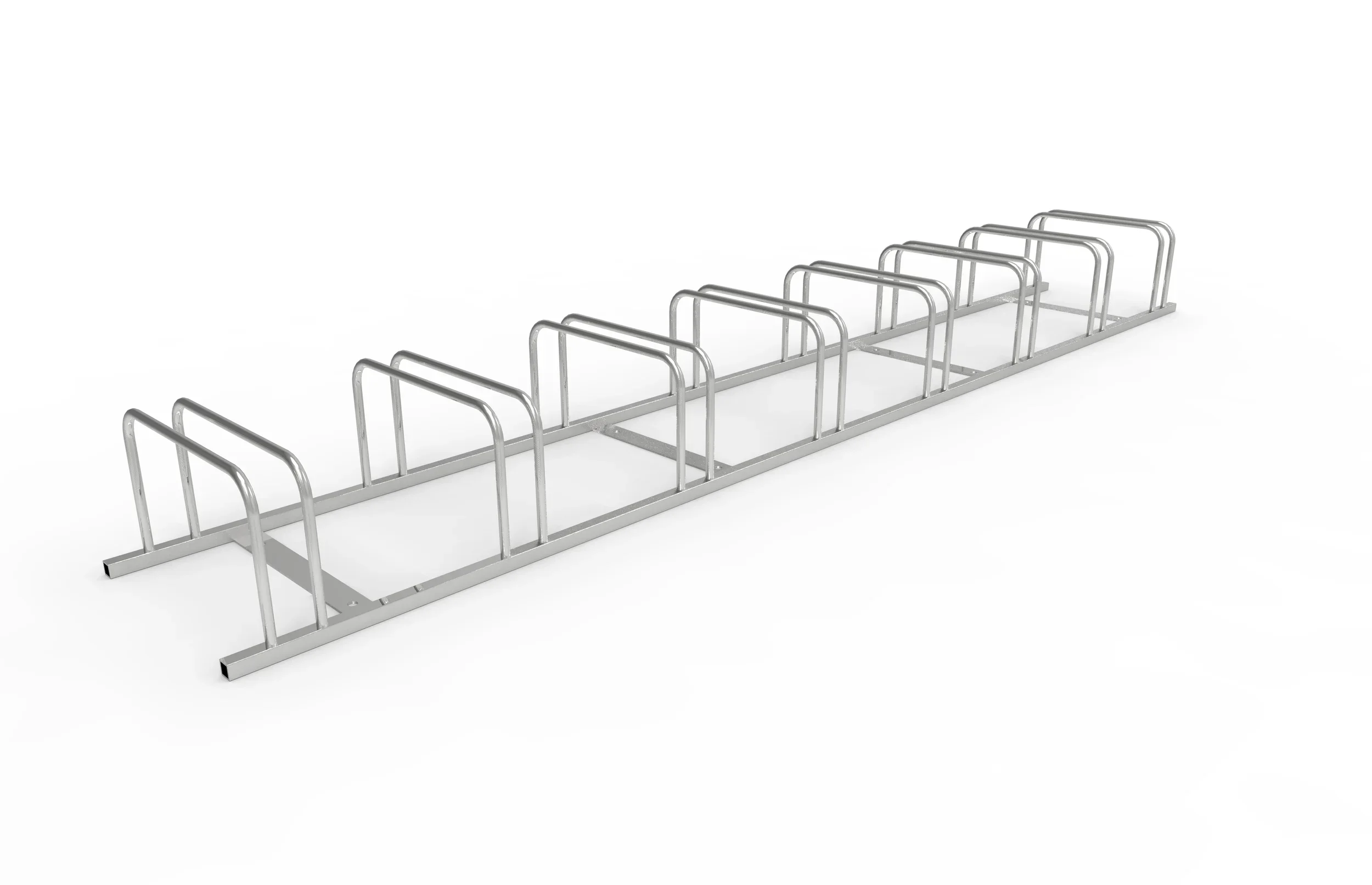 Bike rack with multiple U-shaped metal slots for securing bicycles on a white background.
