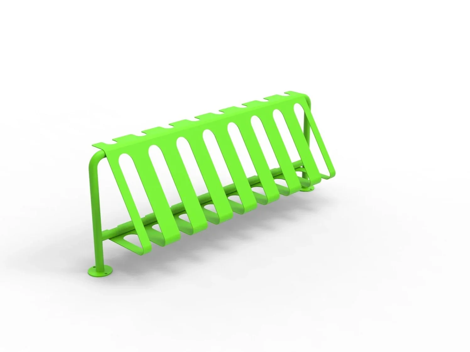 Green metal bike rack with multiple slots for securing bicycles, set against a plain white background.