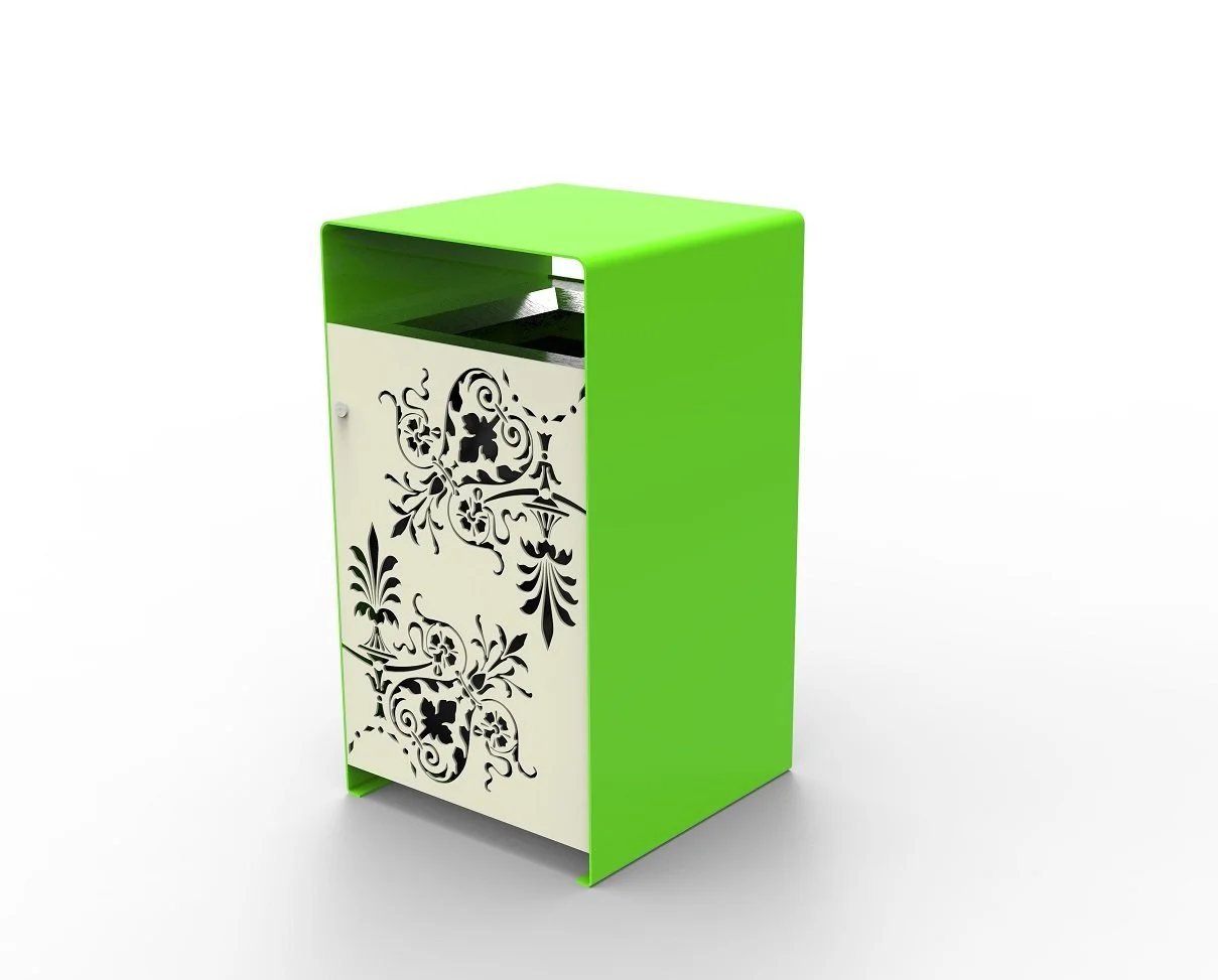 A modern green and white trash or recycling bin with decorative cut-out floral patterns on the front.