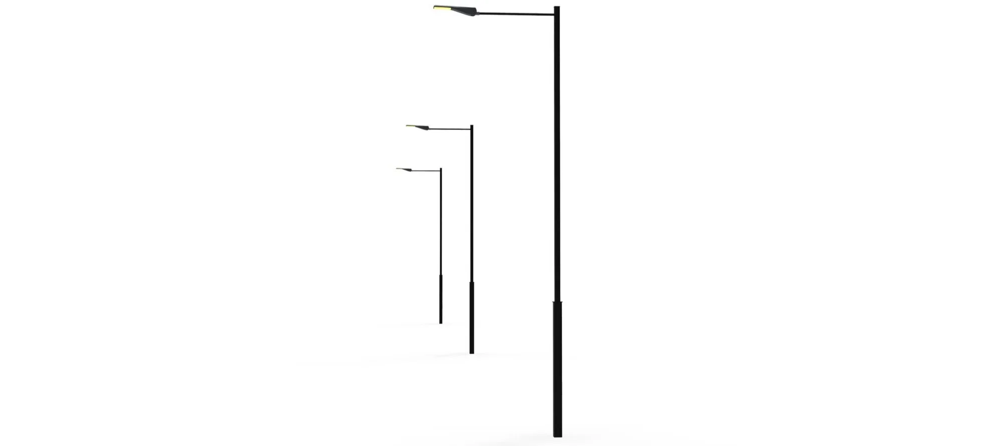 A series of three black streetlights with yellow accents, decreasing in height from right to left, against a bright white background.