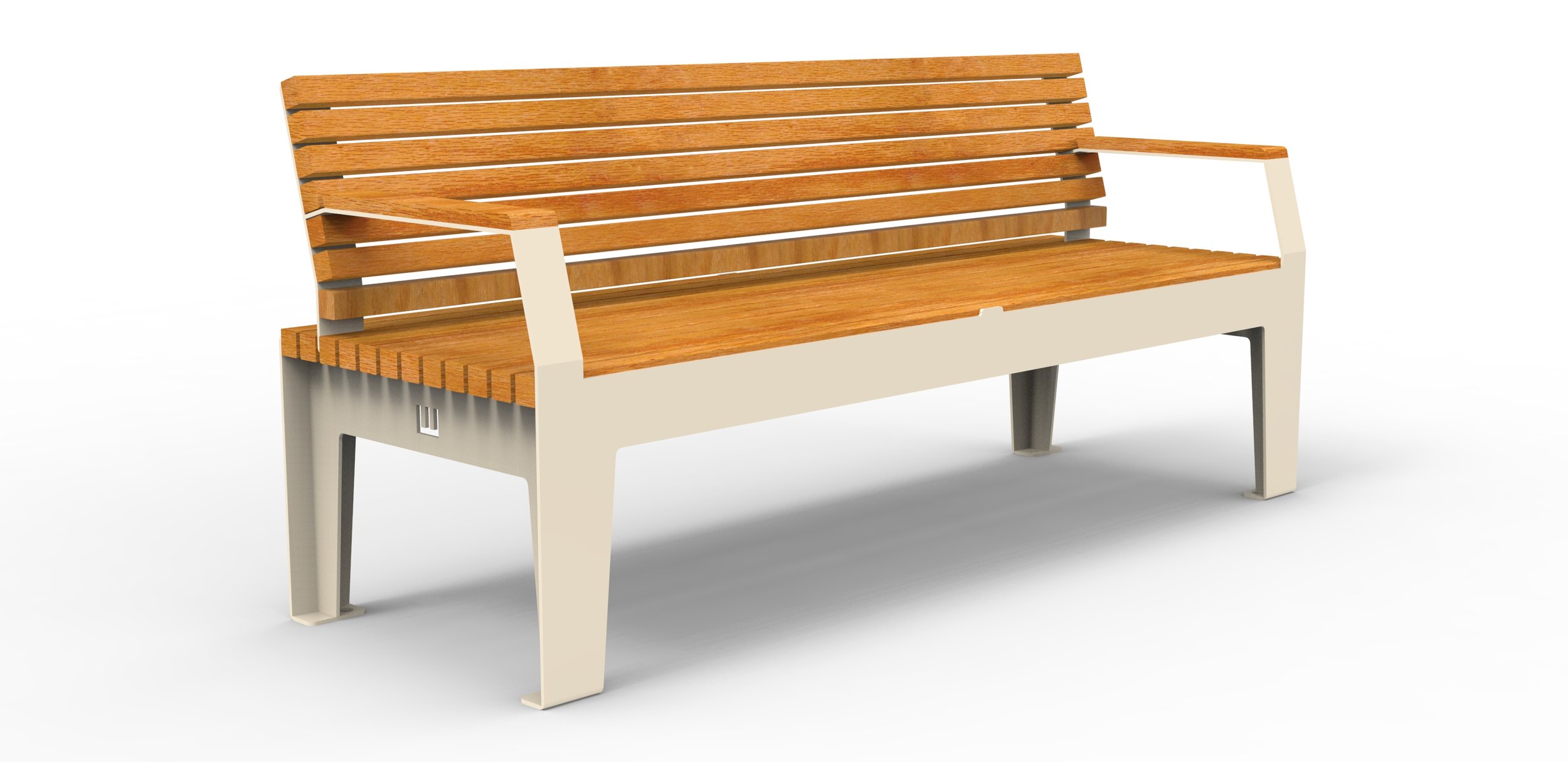 outdoor seat with timber slats and powder coat steel frame