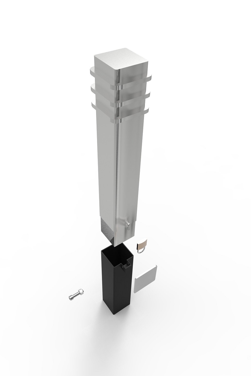 Isometric view of a modern, metallic outdoor bollard with a rectangular black base and four stacked square lighting panels.