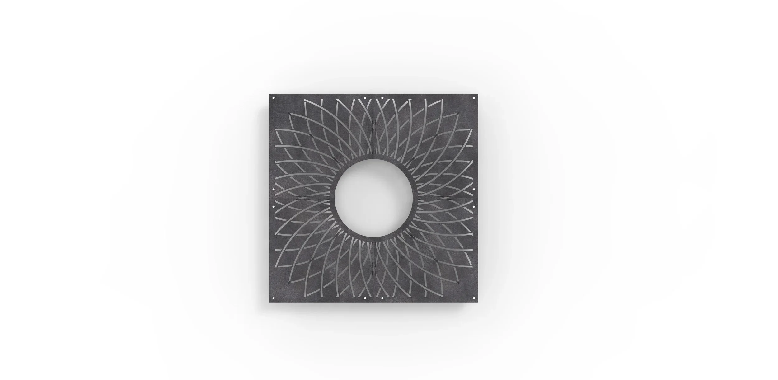 Decorative metal wall art with a circular cutout and a geometric pattern of curved lines radiating outward, mounted on a white wall.
