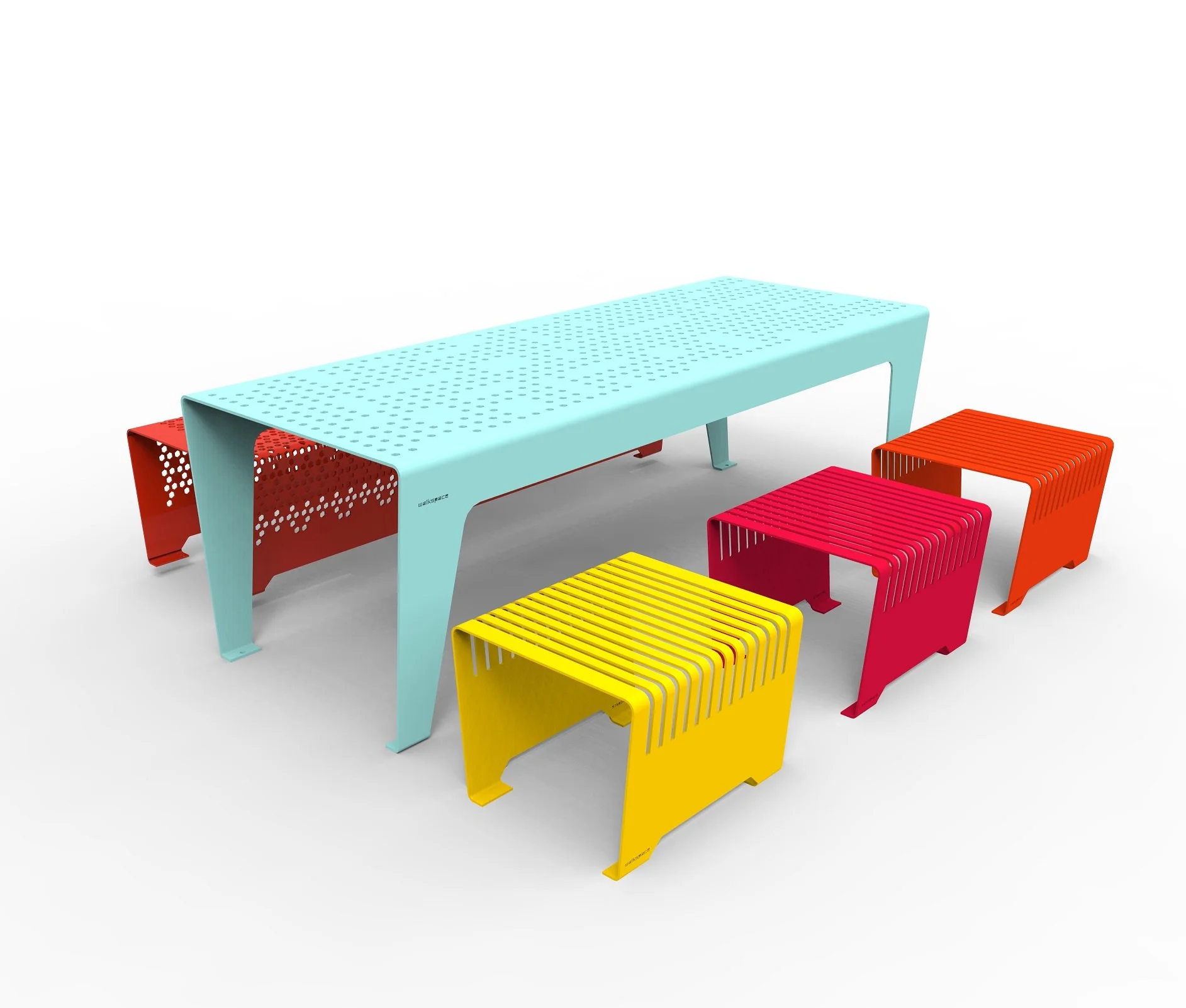 Colorful modern modular furniture including a light blue table and yellow, red, and orange seating units with slatted design.