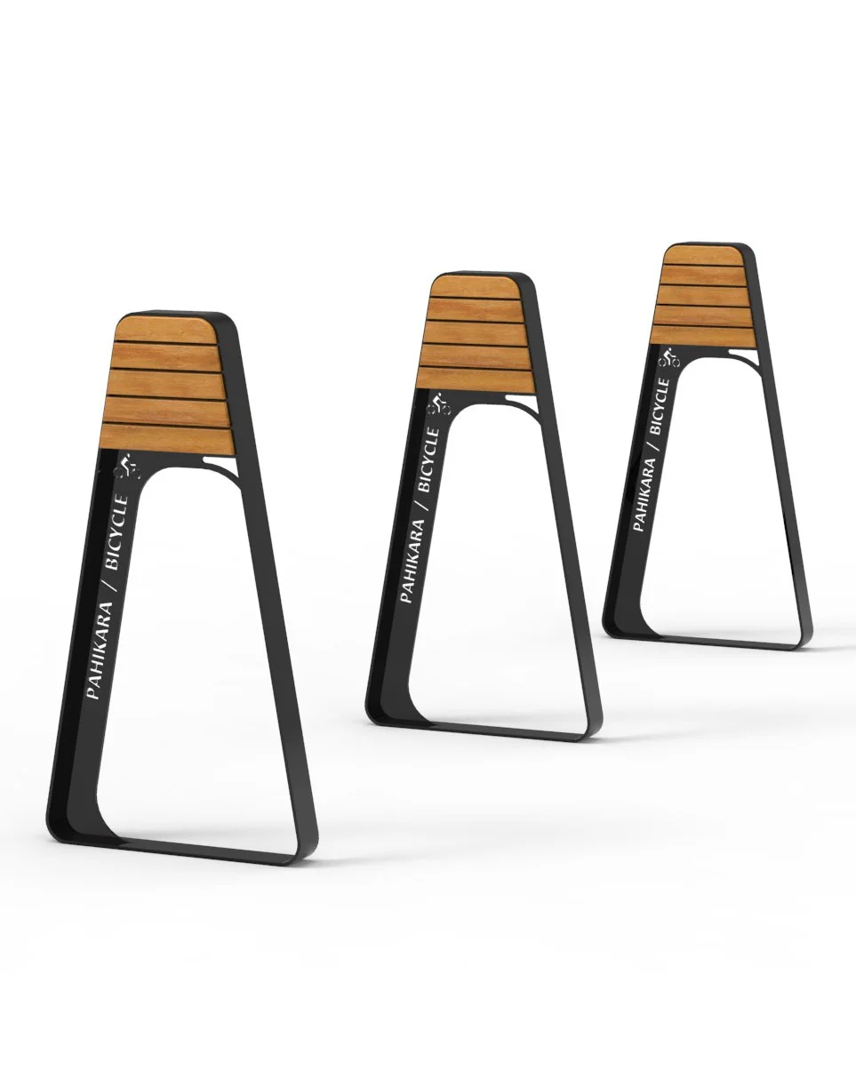Three modern bike racks with wooden top surfaces and black metal frames, labeled with bike icons, on a white background