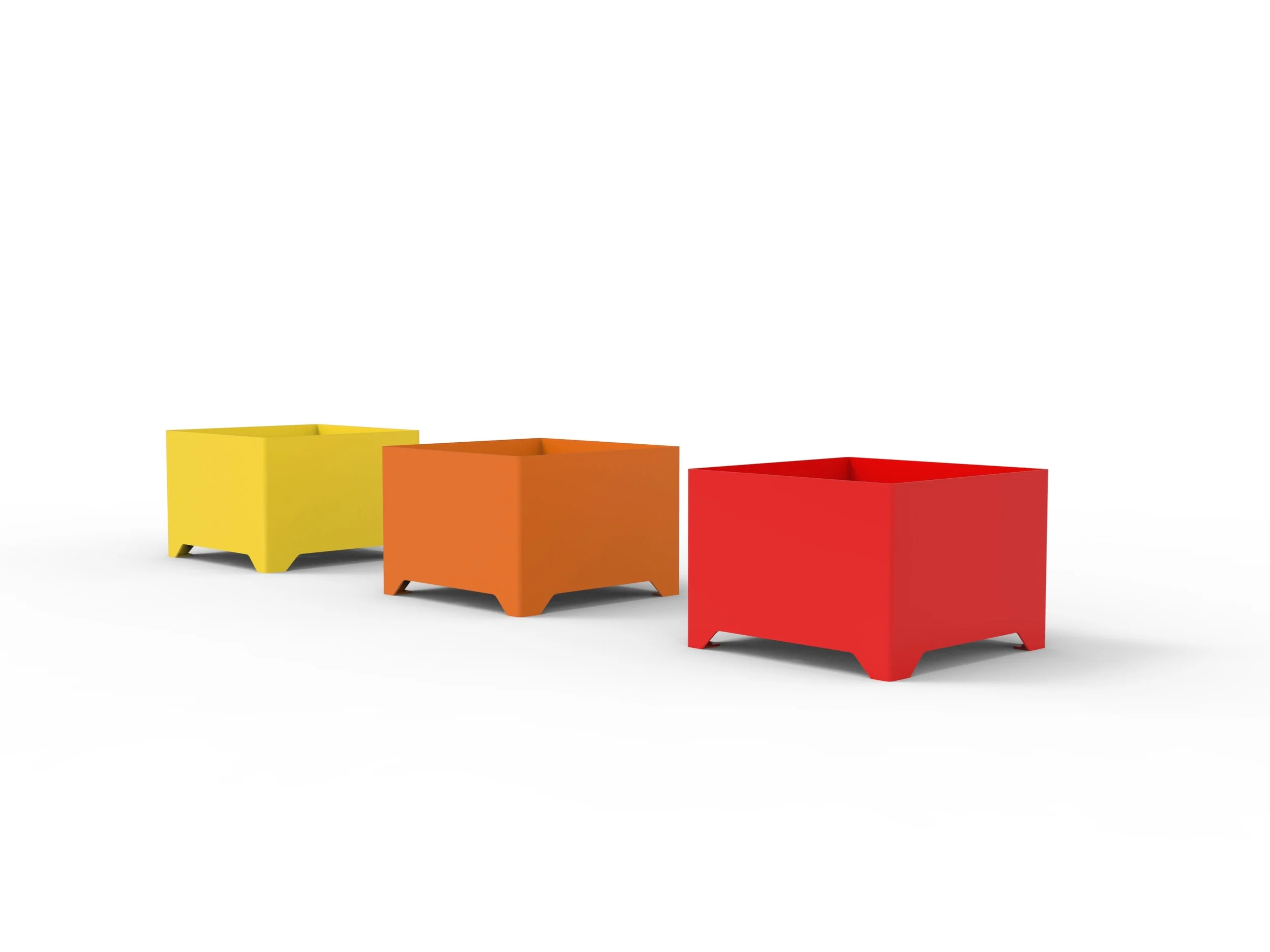 Four colorful open-top storage boxes in yellow, orange, red, and burgundy arranged in a row on a white background.
