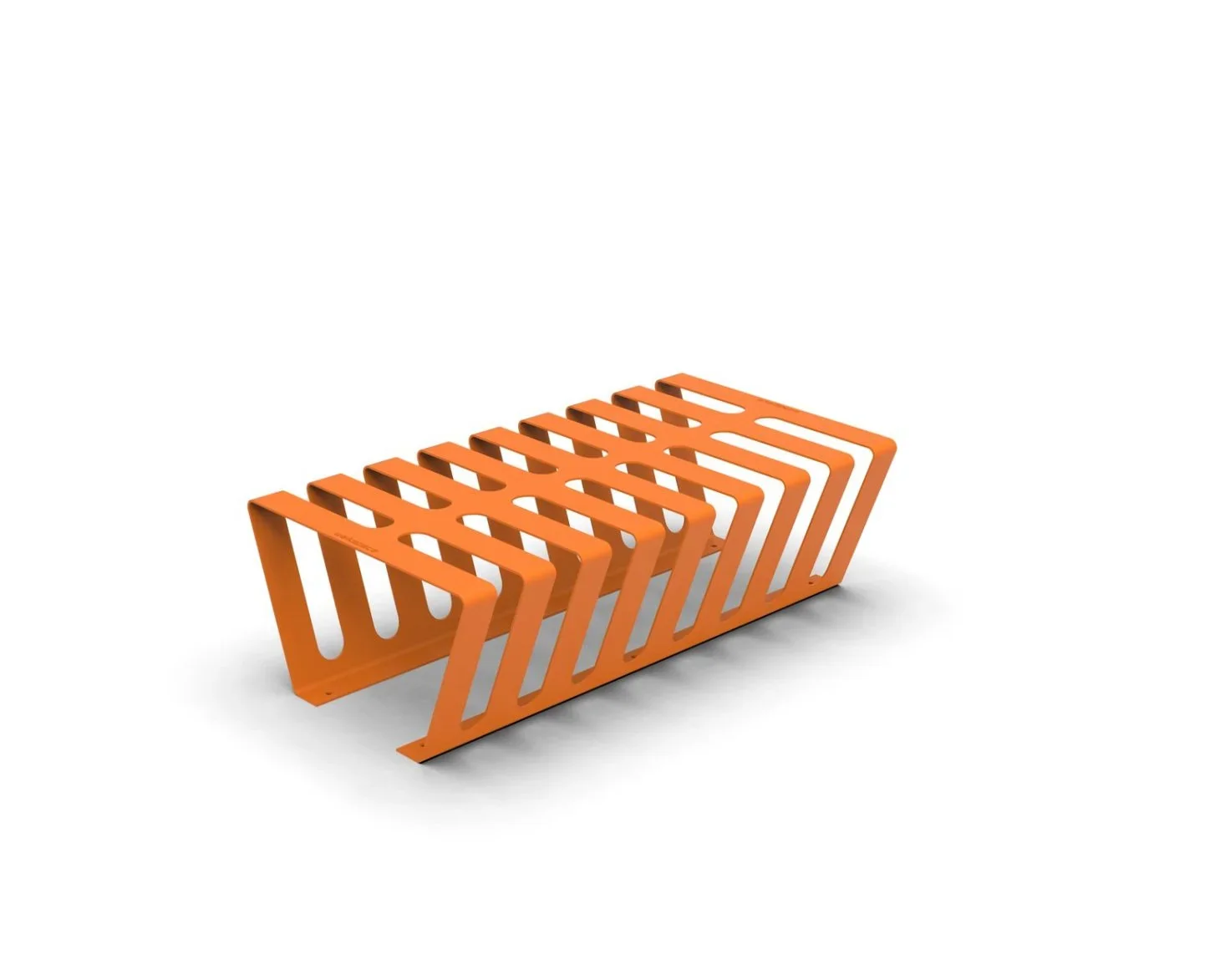 Orange metal bike rackwith vertical slats placed on a white background.