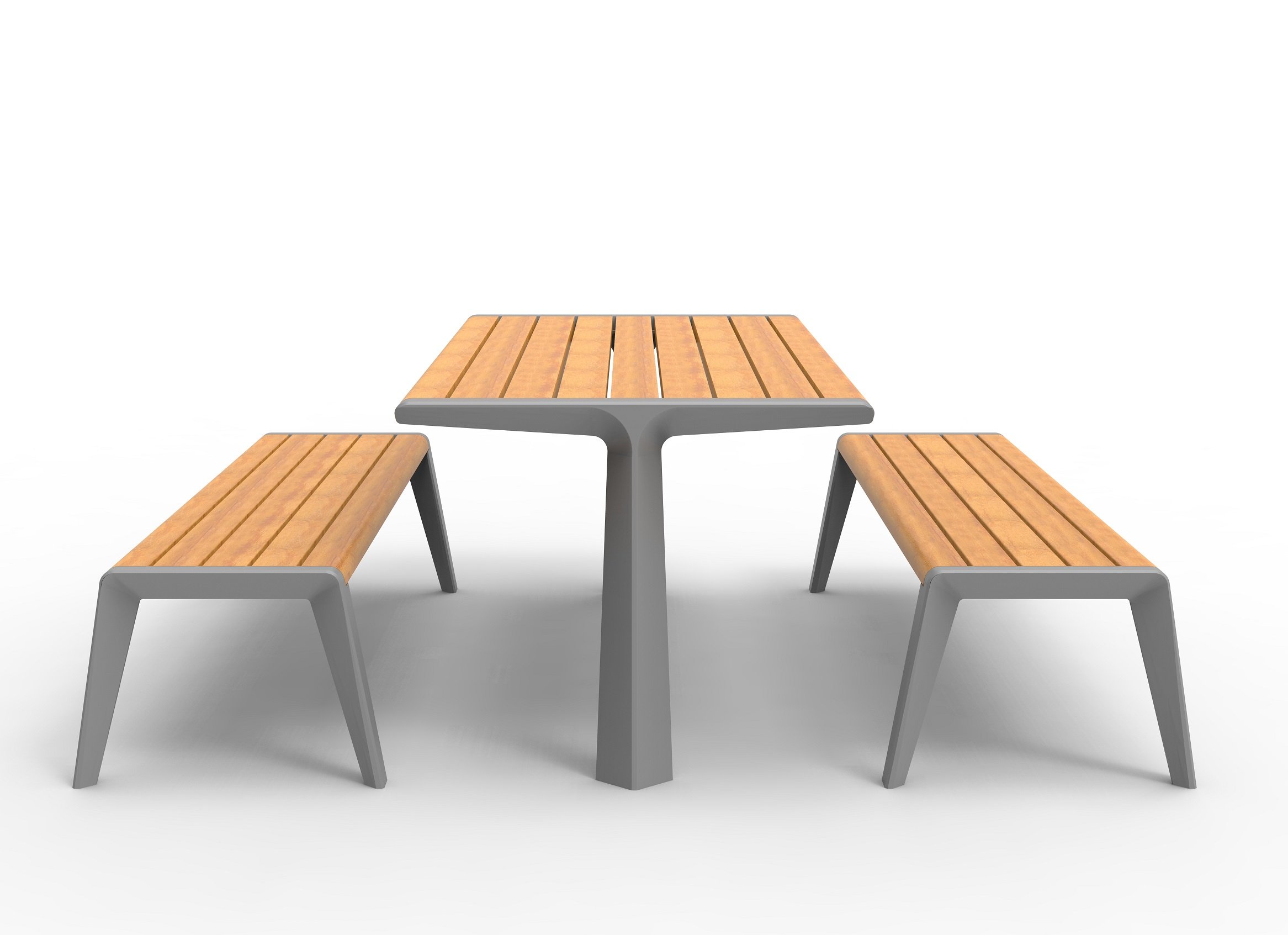 A modern outdoor dining table with wooden slats and gray metal legs, viewed from the front, against a plain white background.