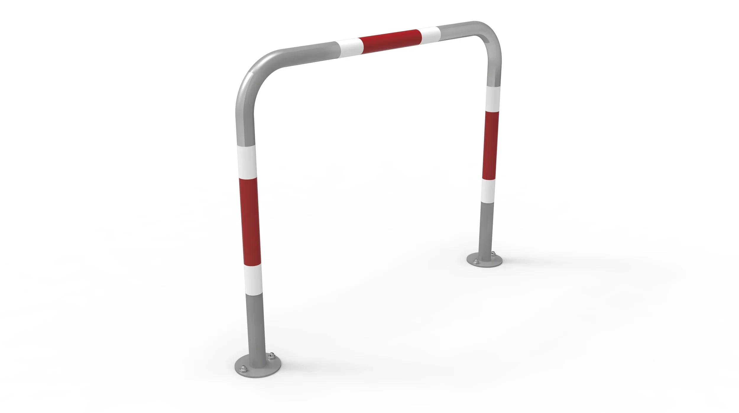 A metal barrier with red, white, and gray stripes, mounted on a round base for security or traffic control.