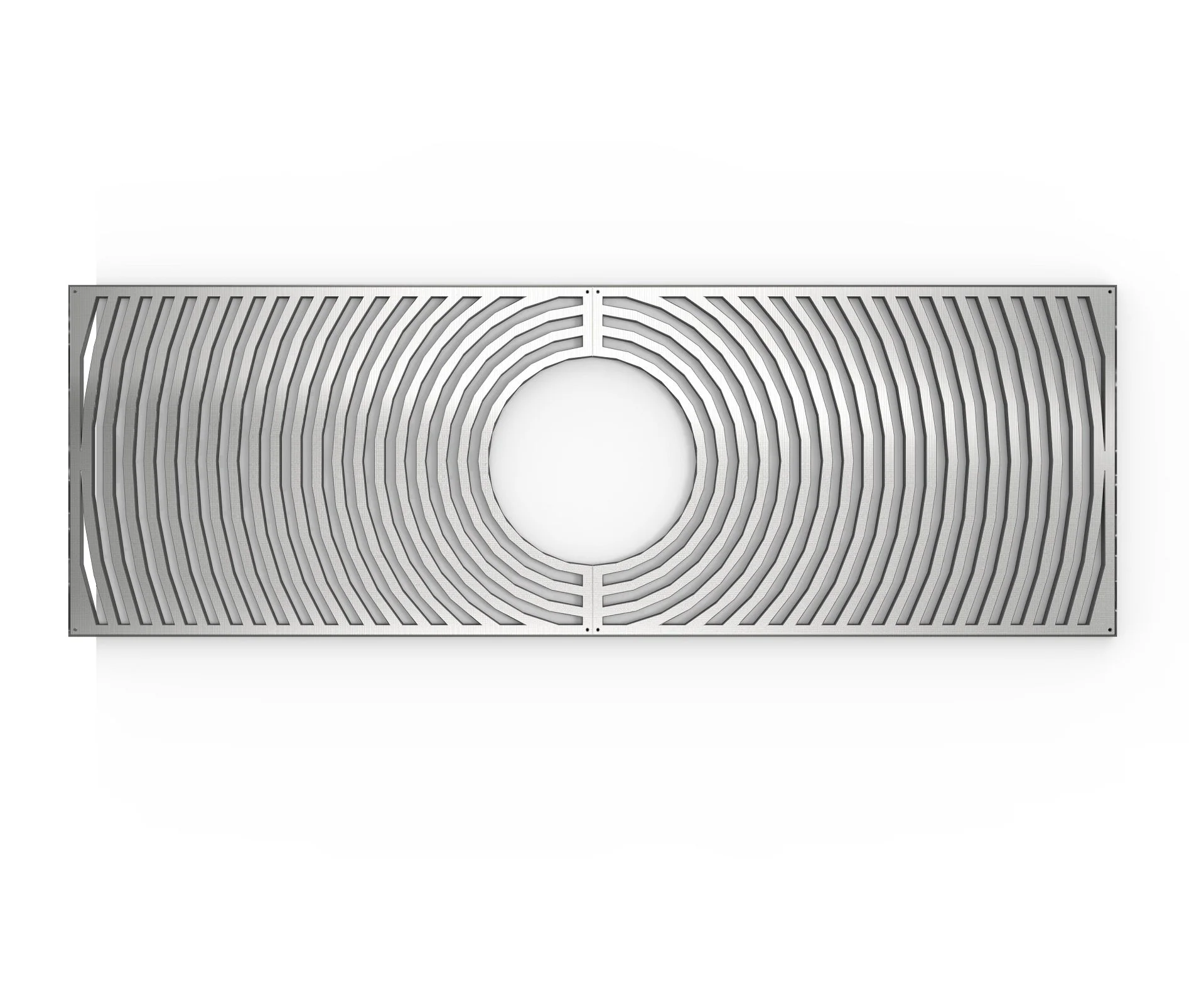 A metal tree grate with concentric circular and linear slats against a white background.