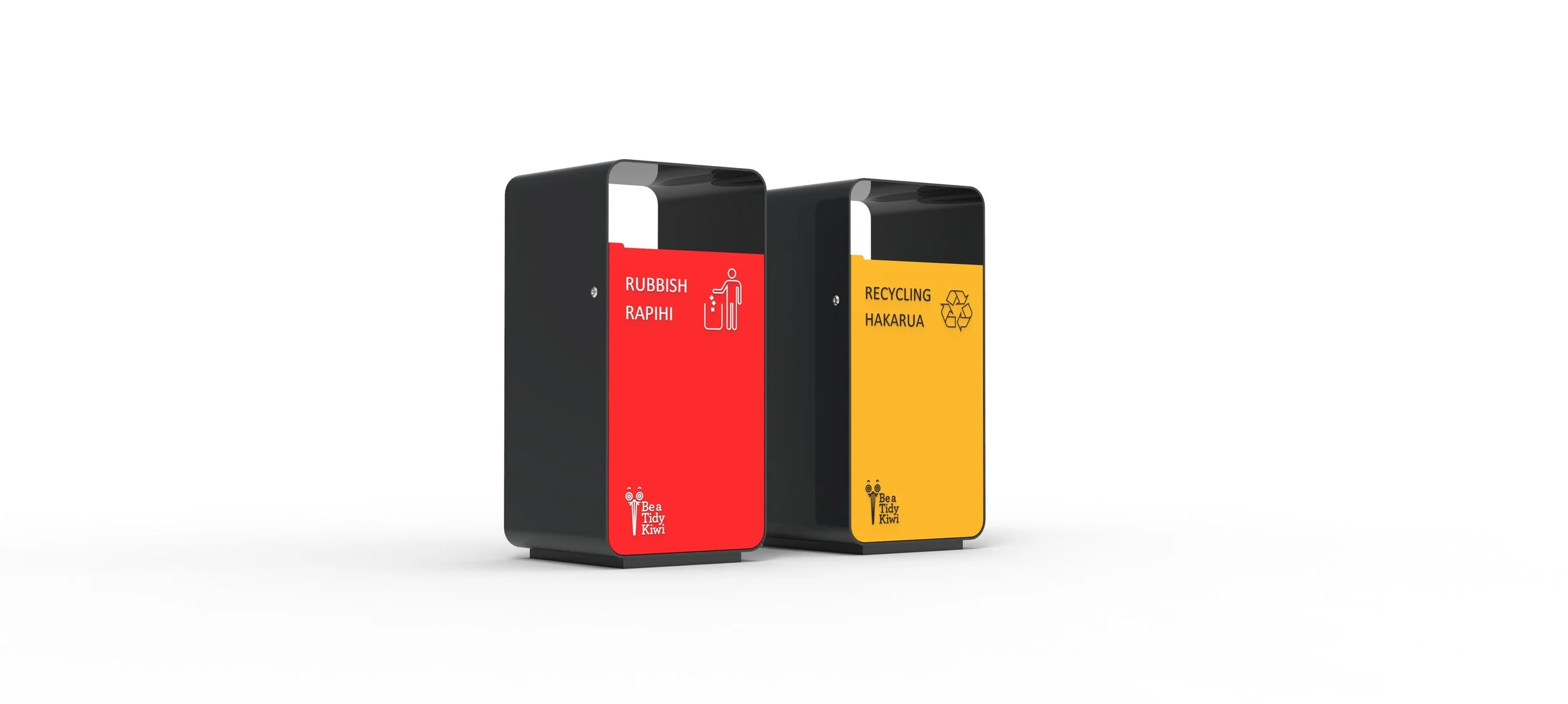 Two recycling bins, one labeled for rubbish and waste, the other for recycling, both with distinct color coding and icons.