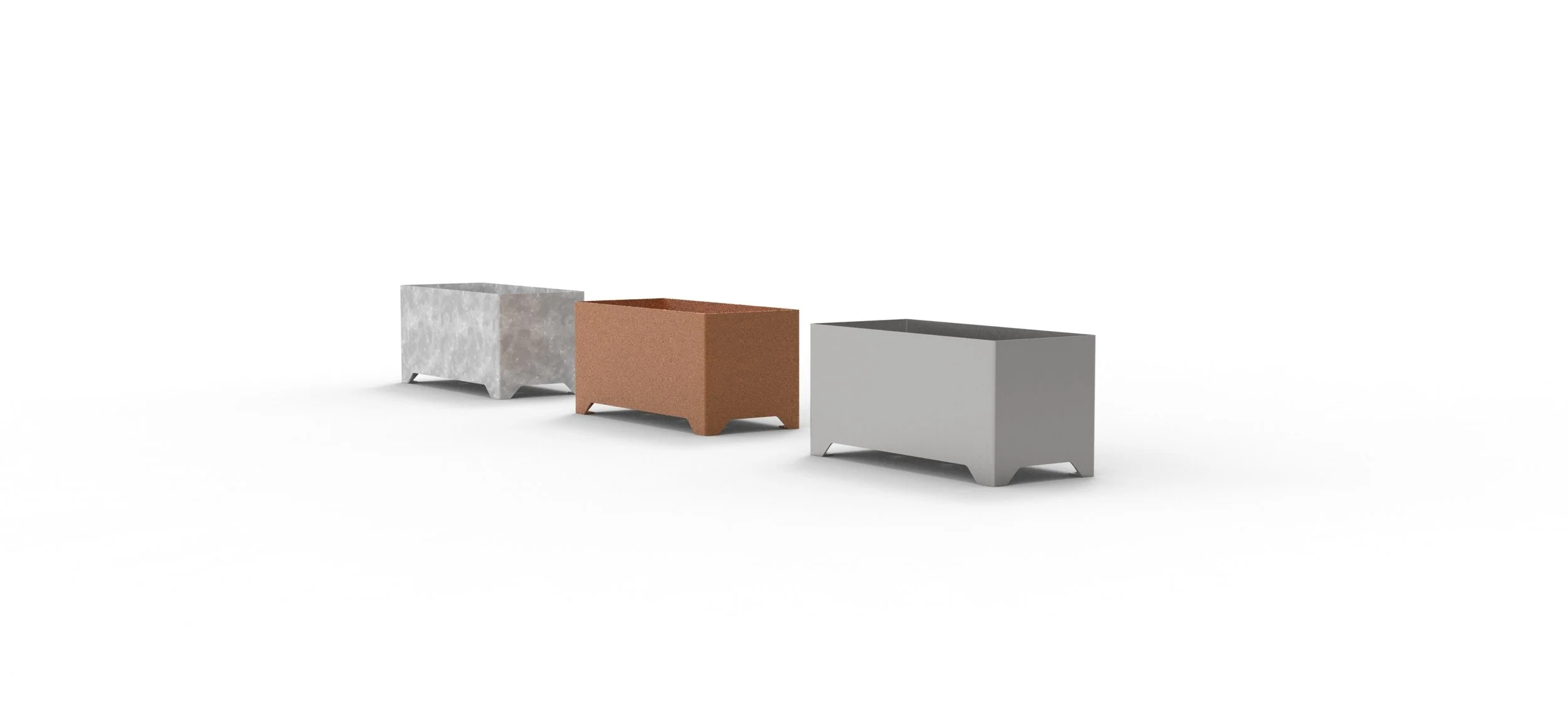 Three modern square planters in gray, terracotta, and white, each with small feet, arranged in a row on a white background.