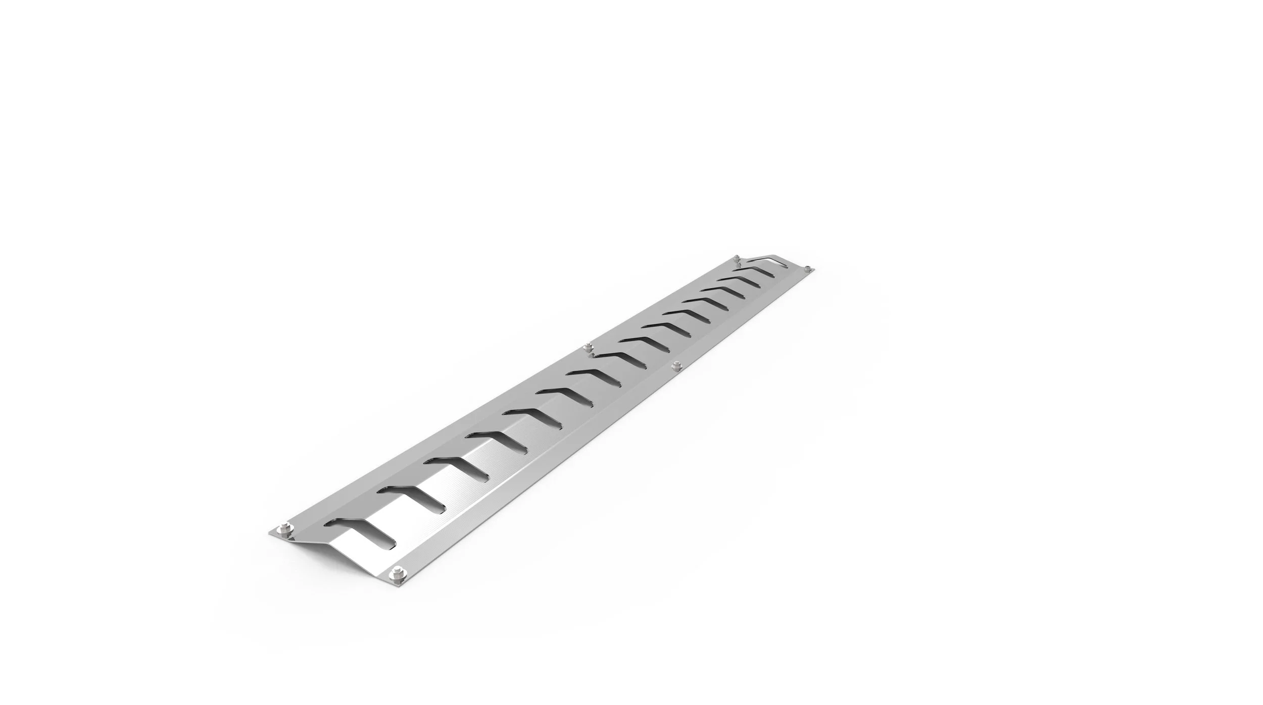 Metal cable management raceway or conduit with a series of slotted openings for cable organization, viewed against a plain white background.