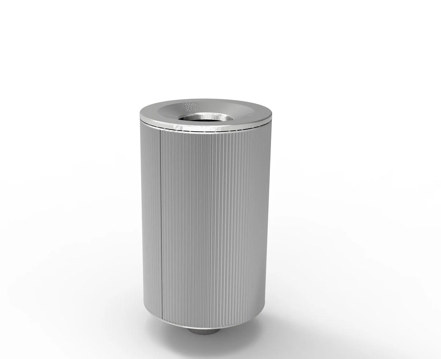 A sleek, silver, cylindrical trash can with a vertical ribbed design, spill-proof lid, and small circular foot pedal at the base, isolated on a white background.
