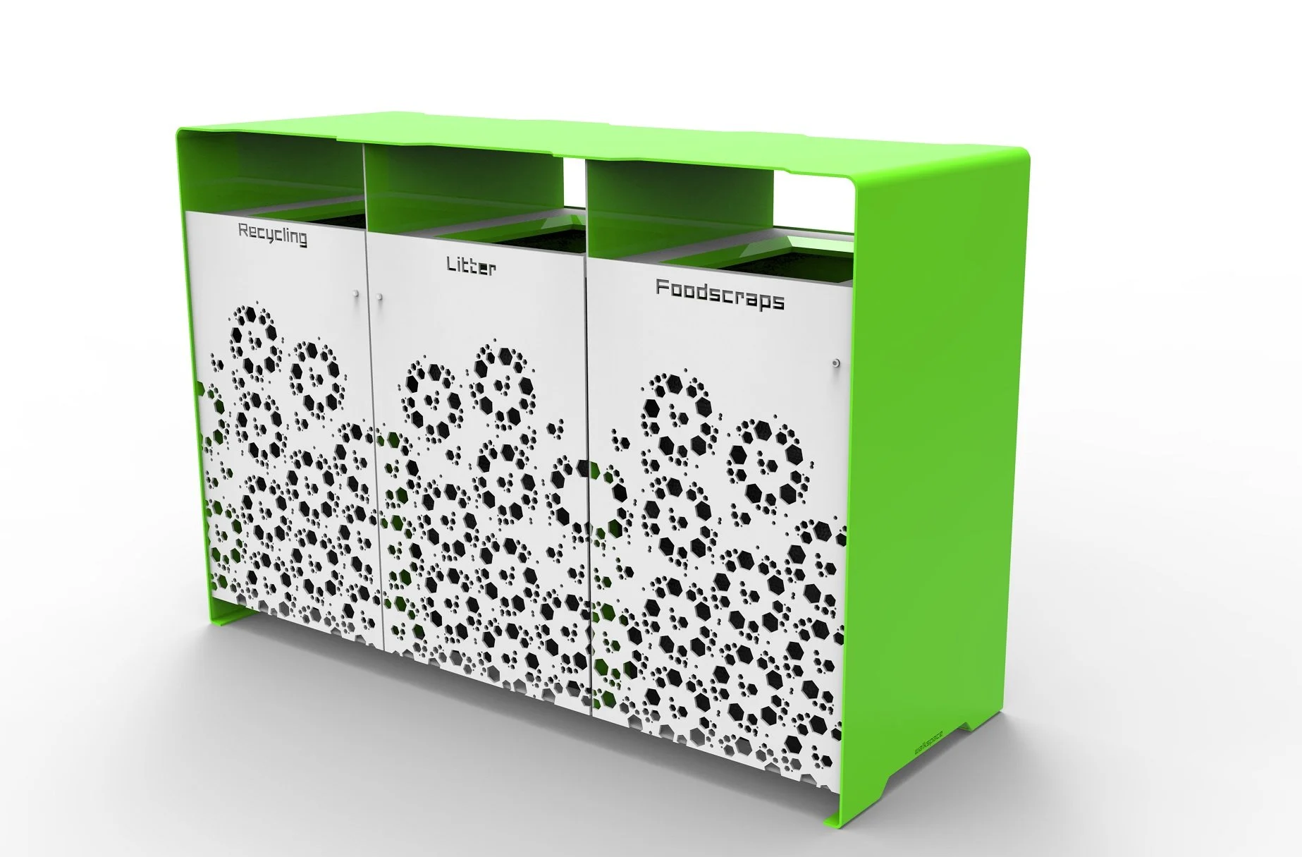 Green and white recycling and trash bin with perforated floral design doors labeled 'Recycling,' 'Litter,' and 'FoodScraps'.