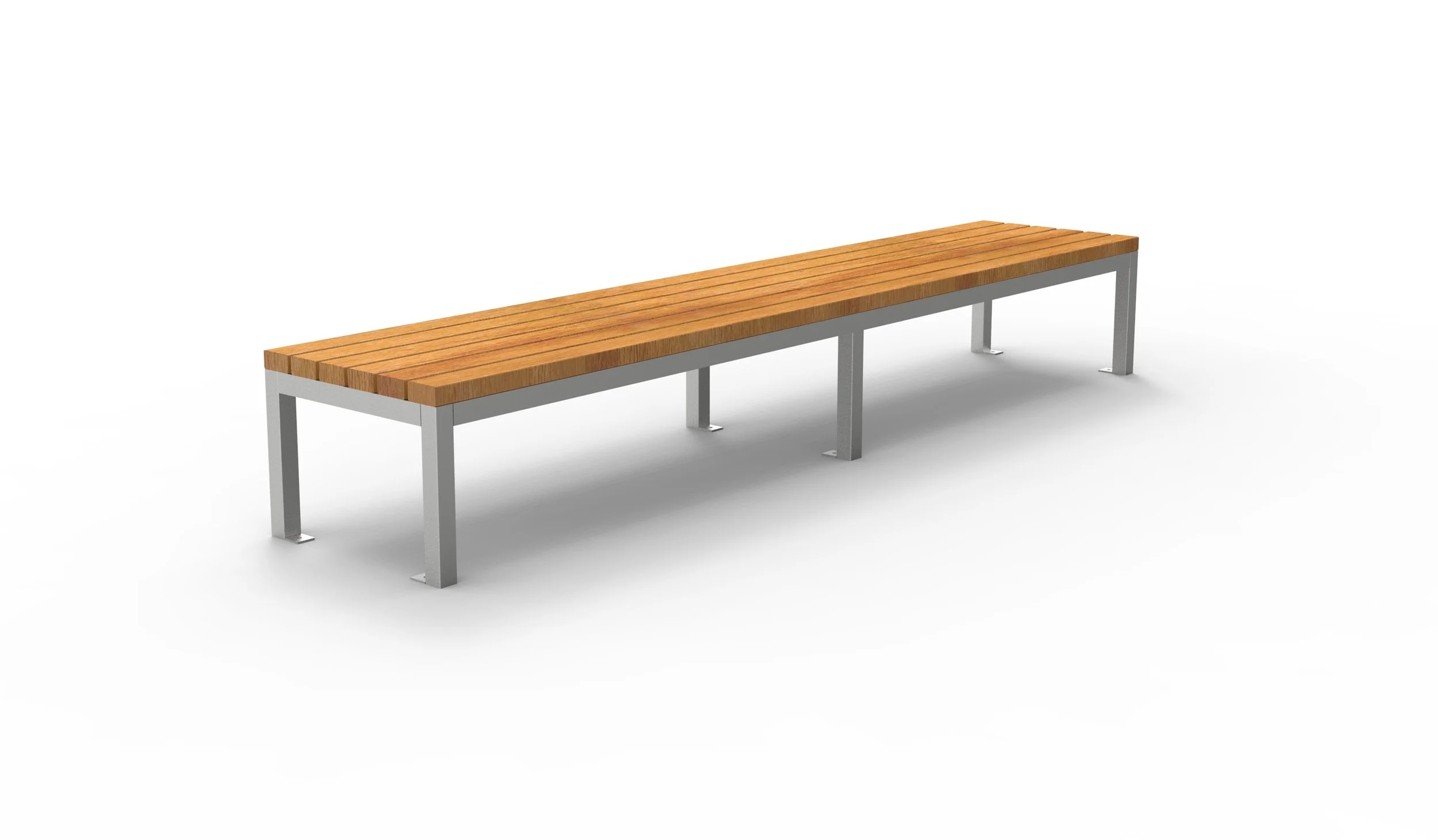 A long wooden bench with metal legs on a white background.