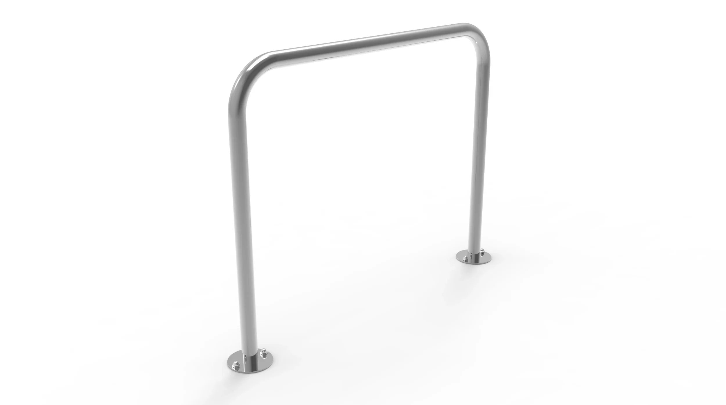 A stainless steel bike rack with two vertical posts and mounting plates on a white background.