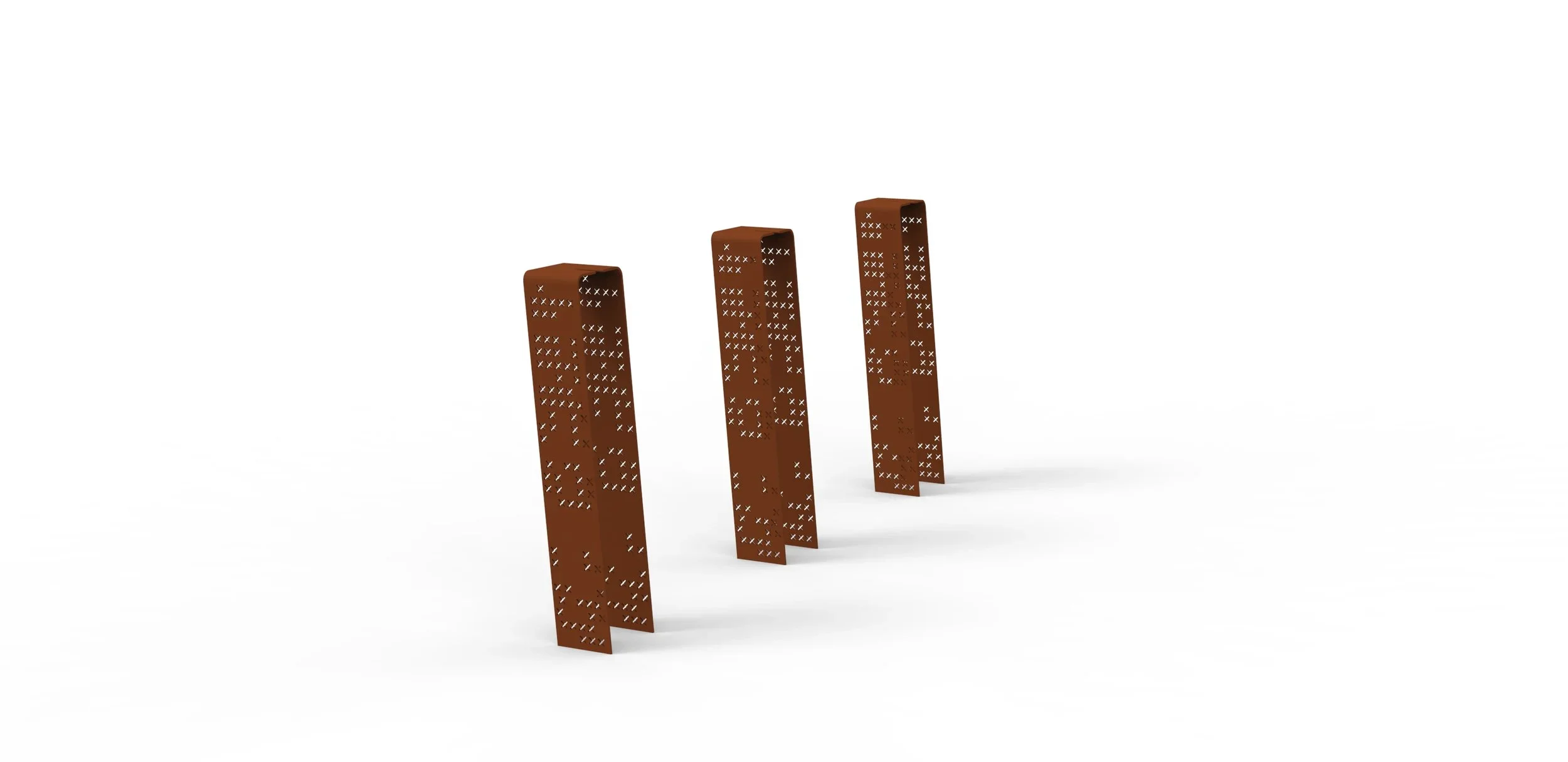 Three brown metal bollards with perforated patterns, standing in a row on a white background.
