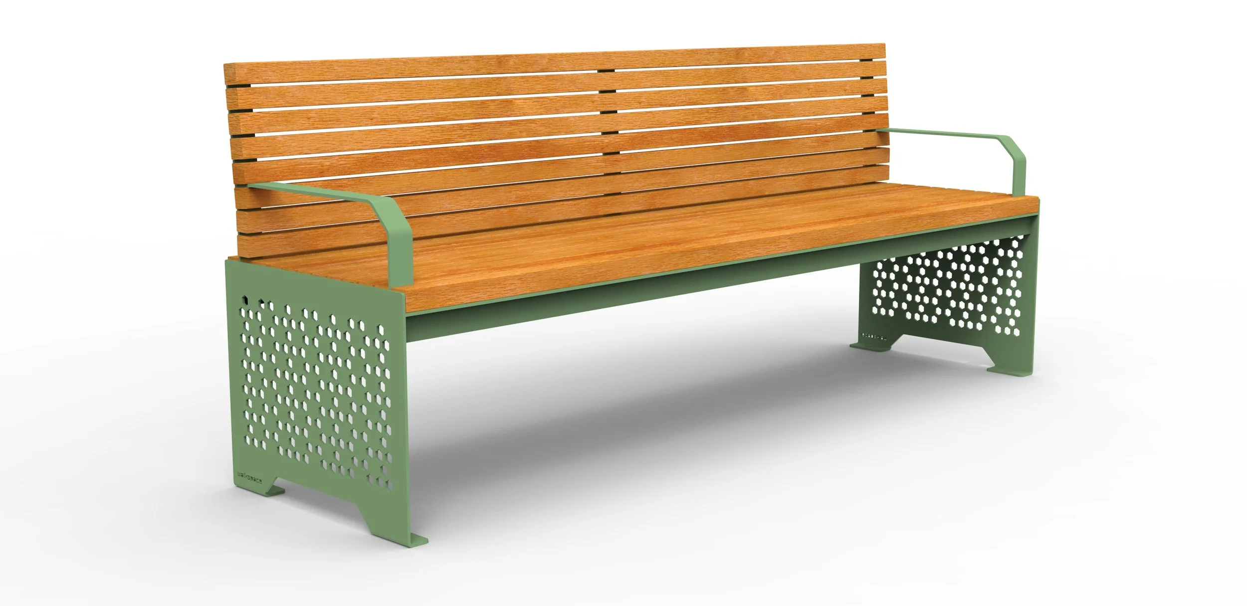 timber and steel bench seat with arms