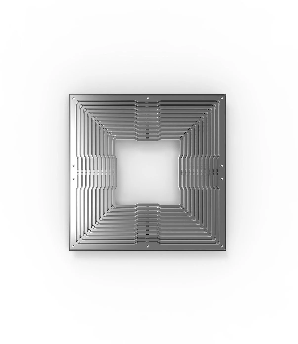 A metallic square-shaped tree grate with concentric square rings