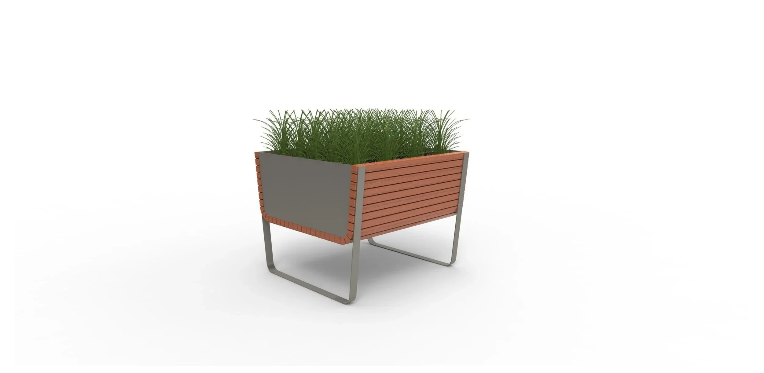 A modern rectangular planter with wooden slats, gray sides, and metal legs, filled with green grass plants, isolated on a white background.