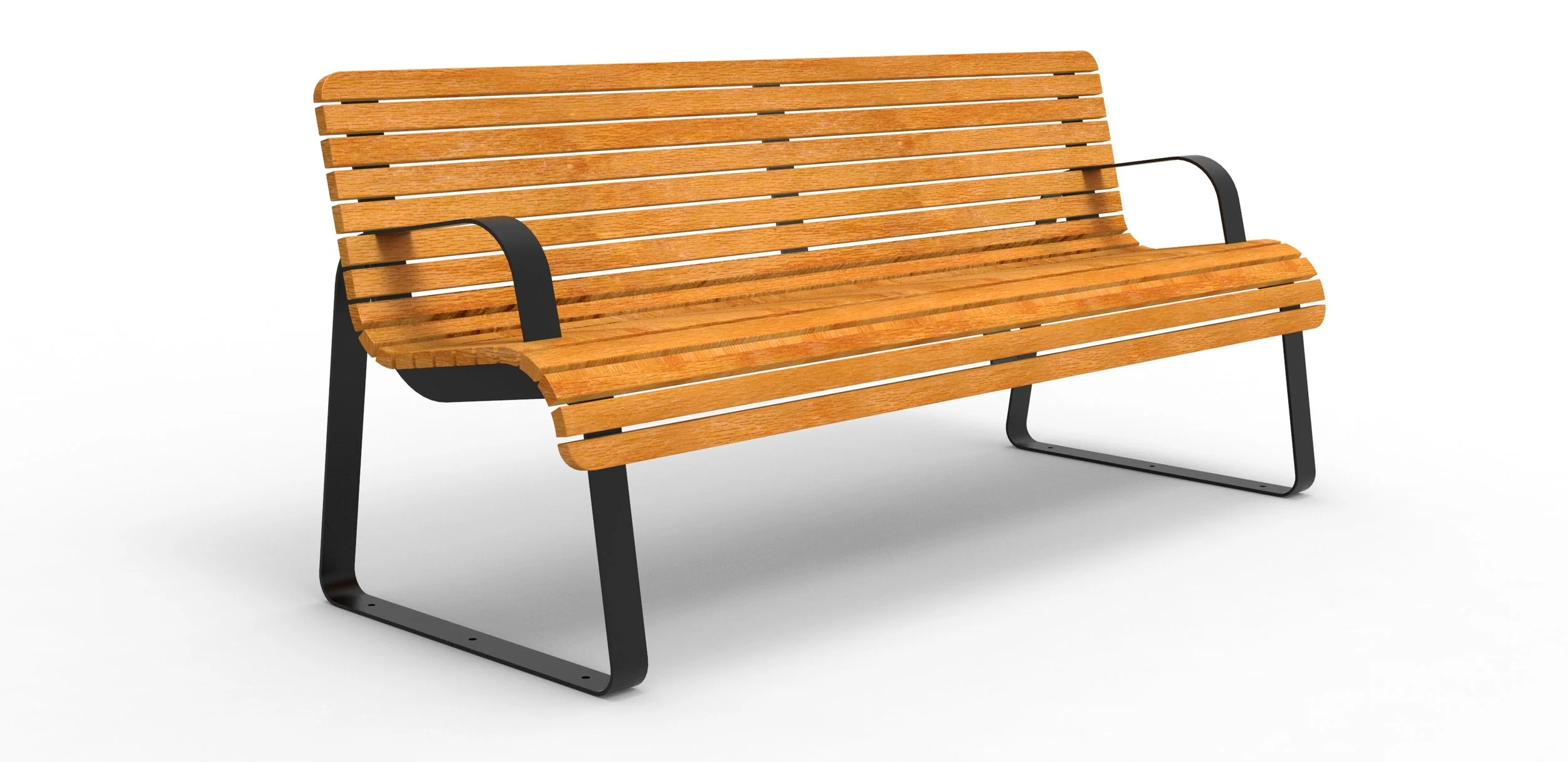 street bench seat with timber back and seat and steel leg and arms