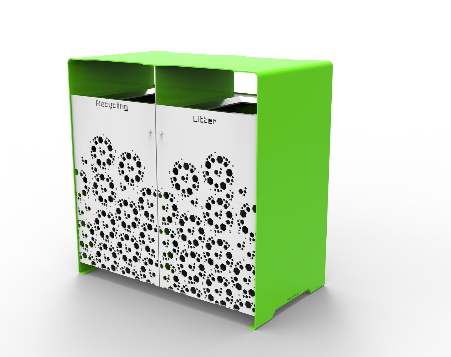 Green and white recycling and trash bin with decorative cutout designs and labeled compartments for recycling and litter.