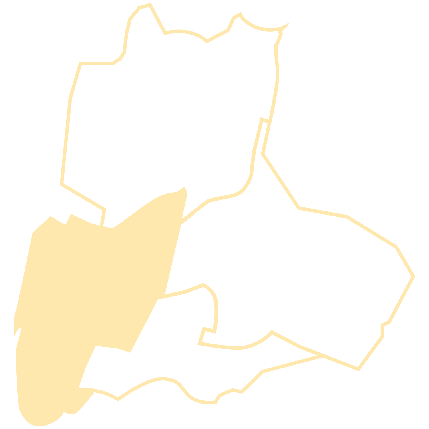 En illustration av Jämtland, en region i Sverige, markerad med en beige kontur mot en svart bakgrund, med en hand som pekar mot regionen.