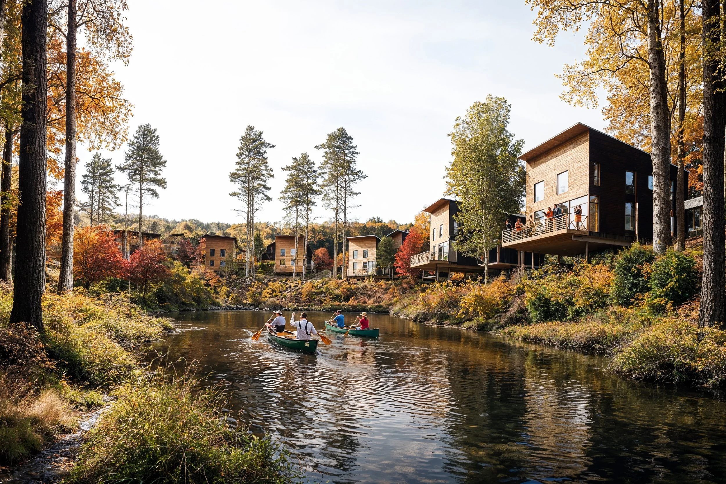 Människor som paddlar kanot på en flod, omgiven av höstfärgade träd och moderna hus på en sluttning.