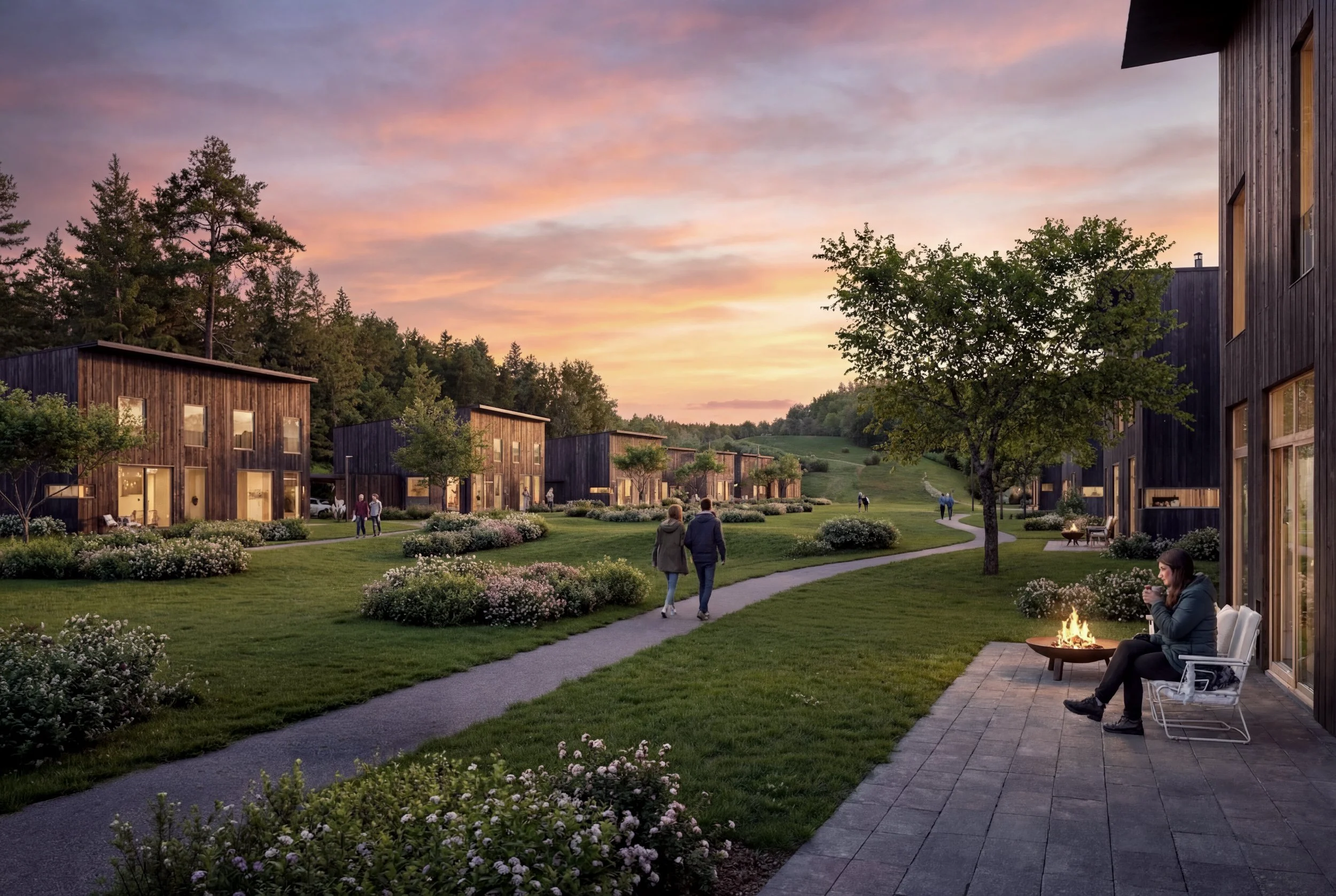 En bostadsområde på kvällen med moderna trähus, grön gräsmatta, blommiga buskar och träd. Det är solnedgång med rosa och orange himmel. Flera personer går längs en stig, några sitter vid en eldstad, och ett barn leker i bakgrunden.
