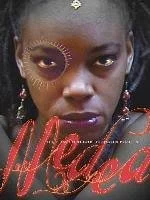 Close-up portrait of a woman with dark skin and intense facial expression, wearing large earrings and decorated face jewelry, with the word 'Haya' written in red.